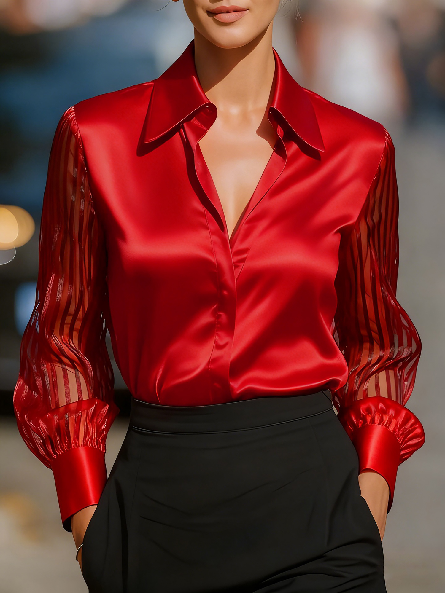 Collared Satin Sheer Long Sleeves Work Blouse Red/XS