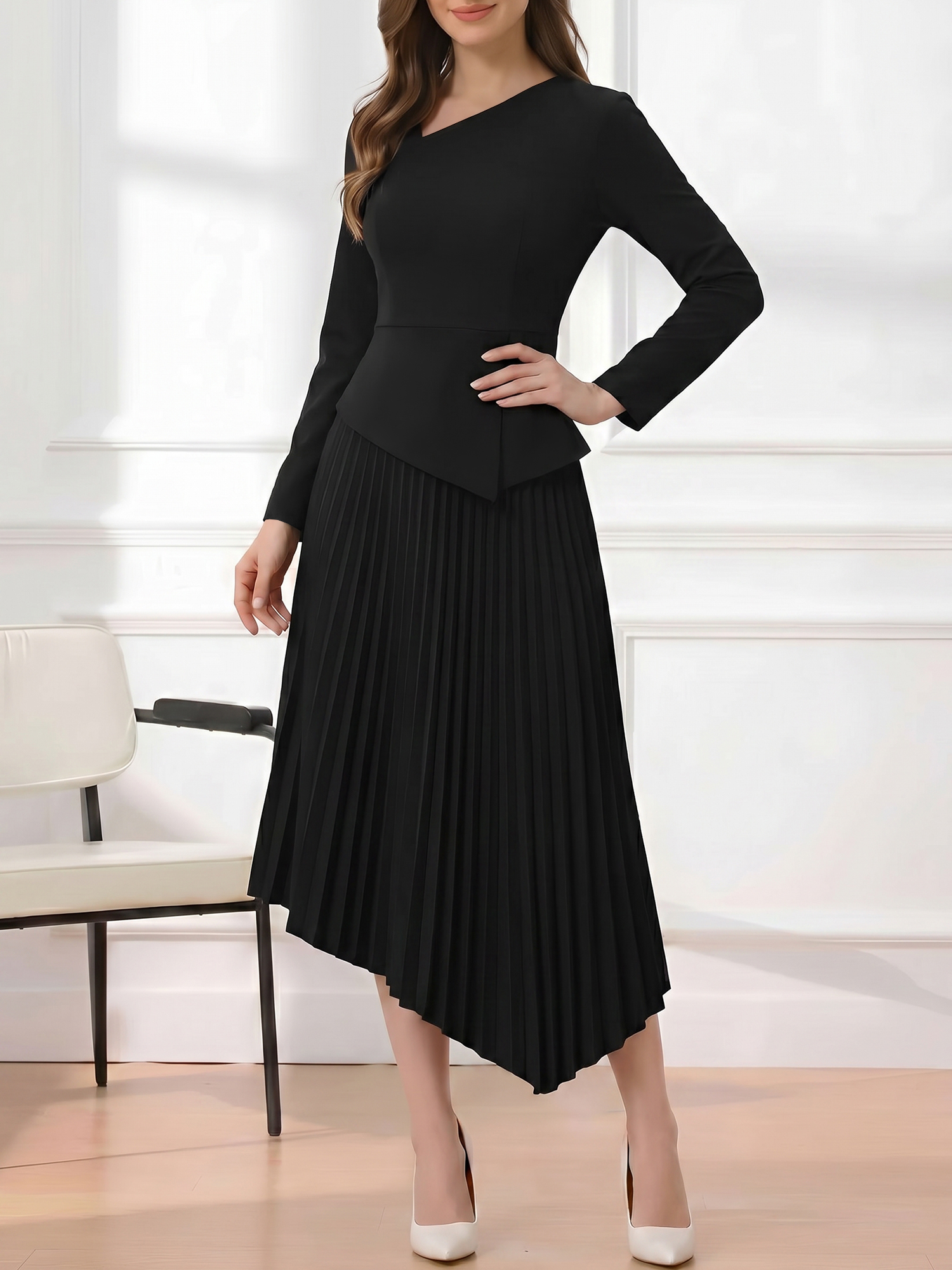 Irregular Hem Solid Color Pleated Long Sleeves Dress Black/L