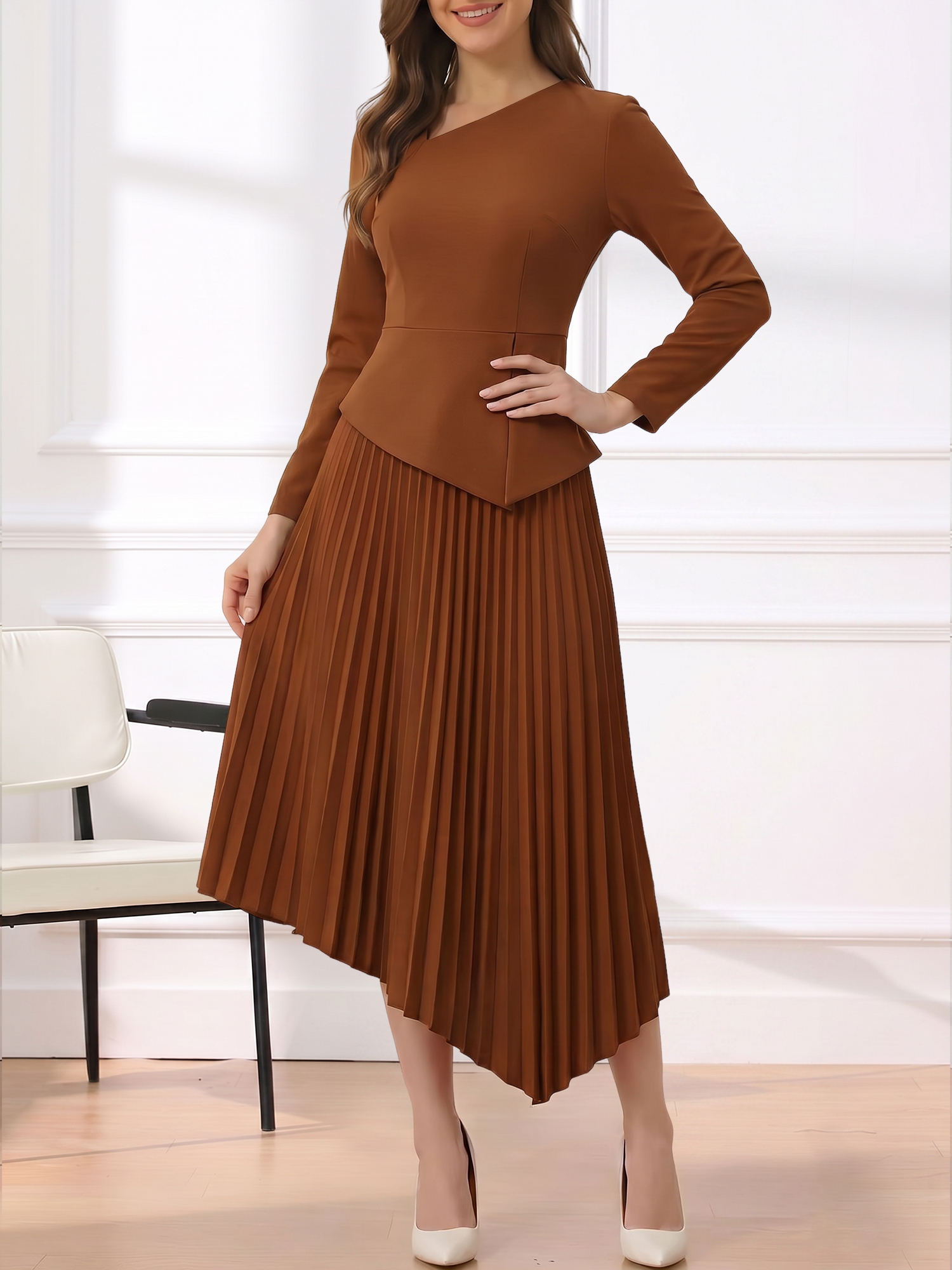Irregular Hem Solid Color Pleated Long Sleeves Dress Brown/XS