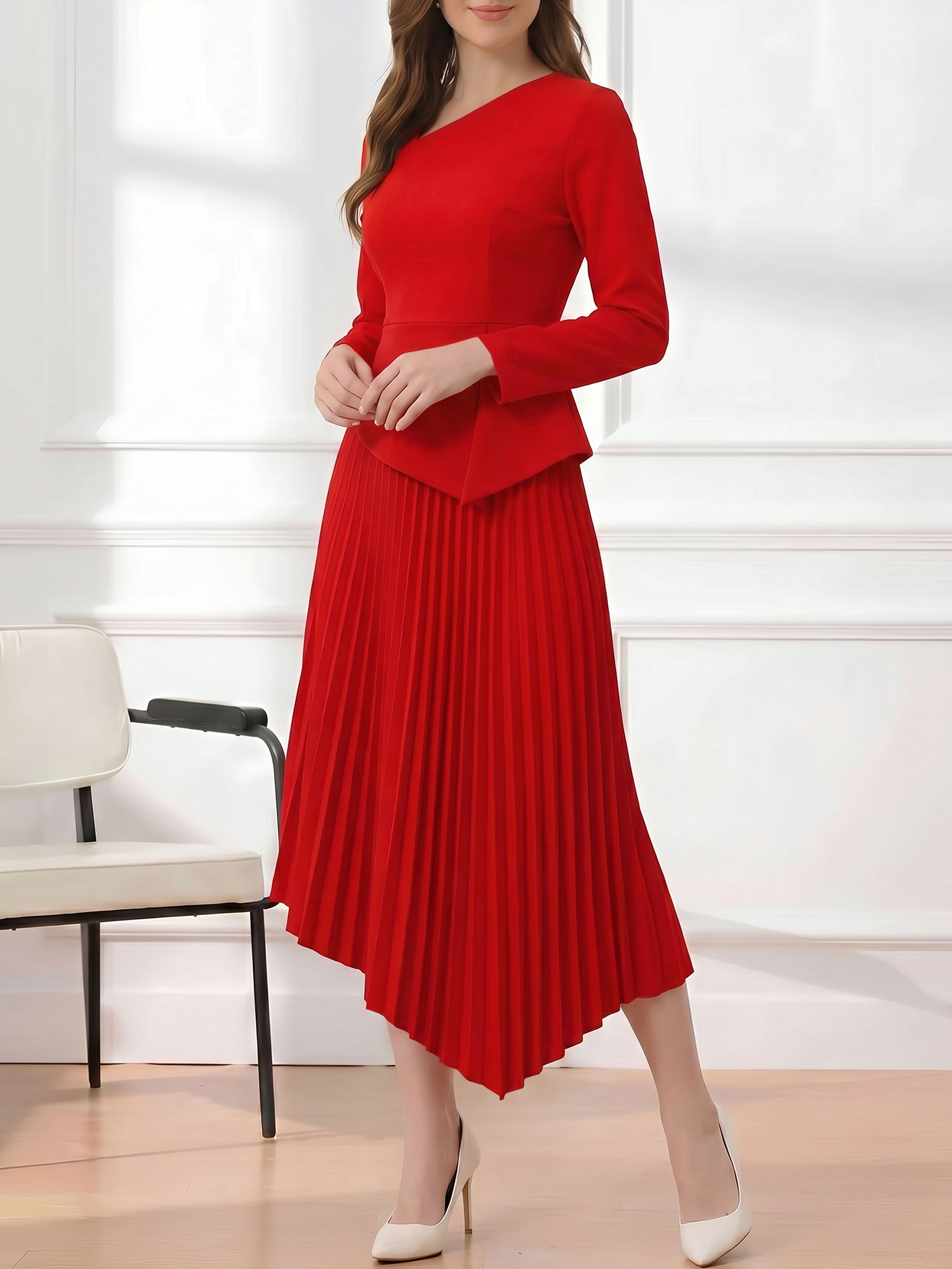 Irregular Hem Solid Color Pleated Long Sleeves Dress Red/XS