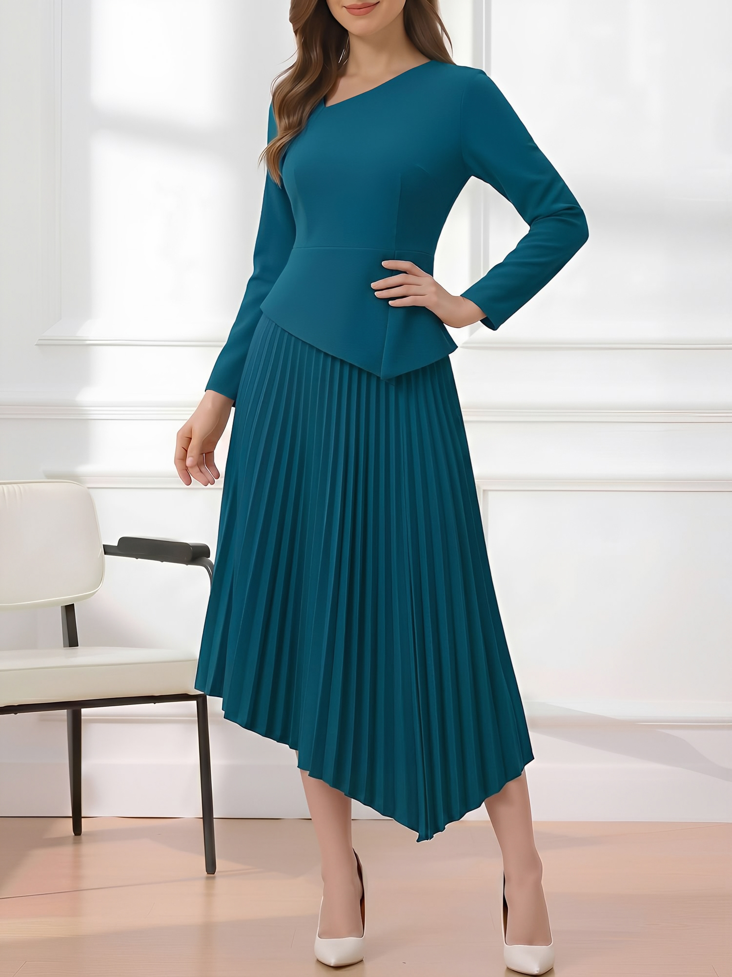 Irregular Hem Solid Color Pleated Long Sleeves Dress Peacock Blue/2XL