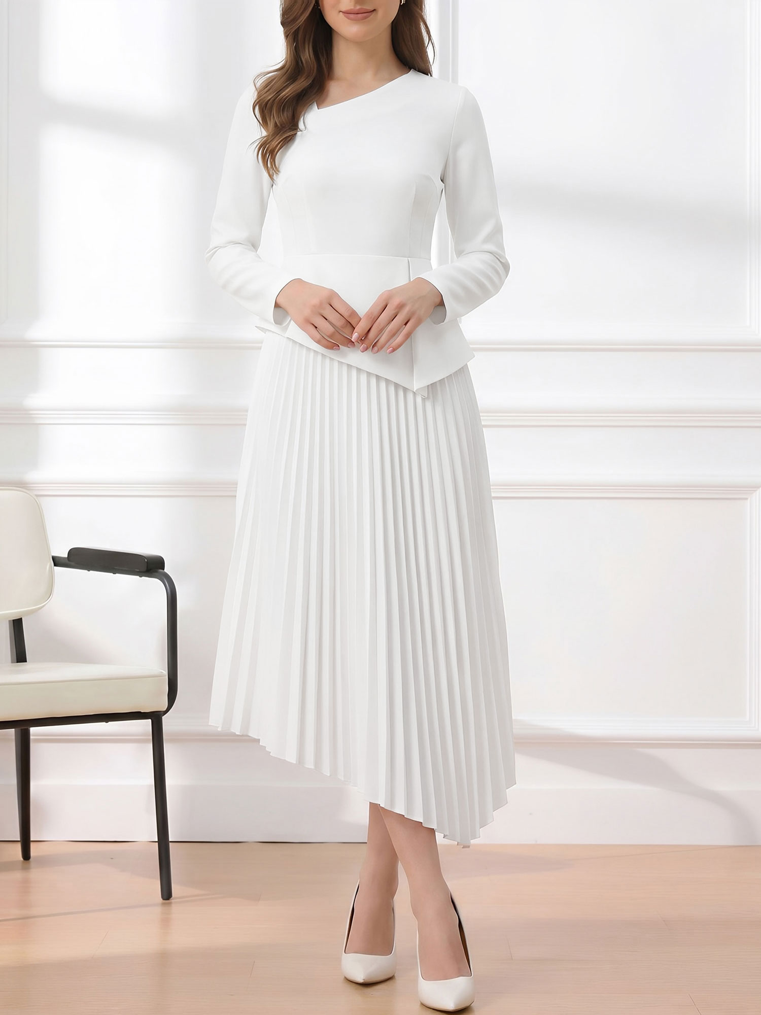 Irregular Hem Solid Color Pleated Long Sleeves Dress White/L