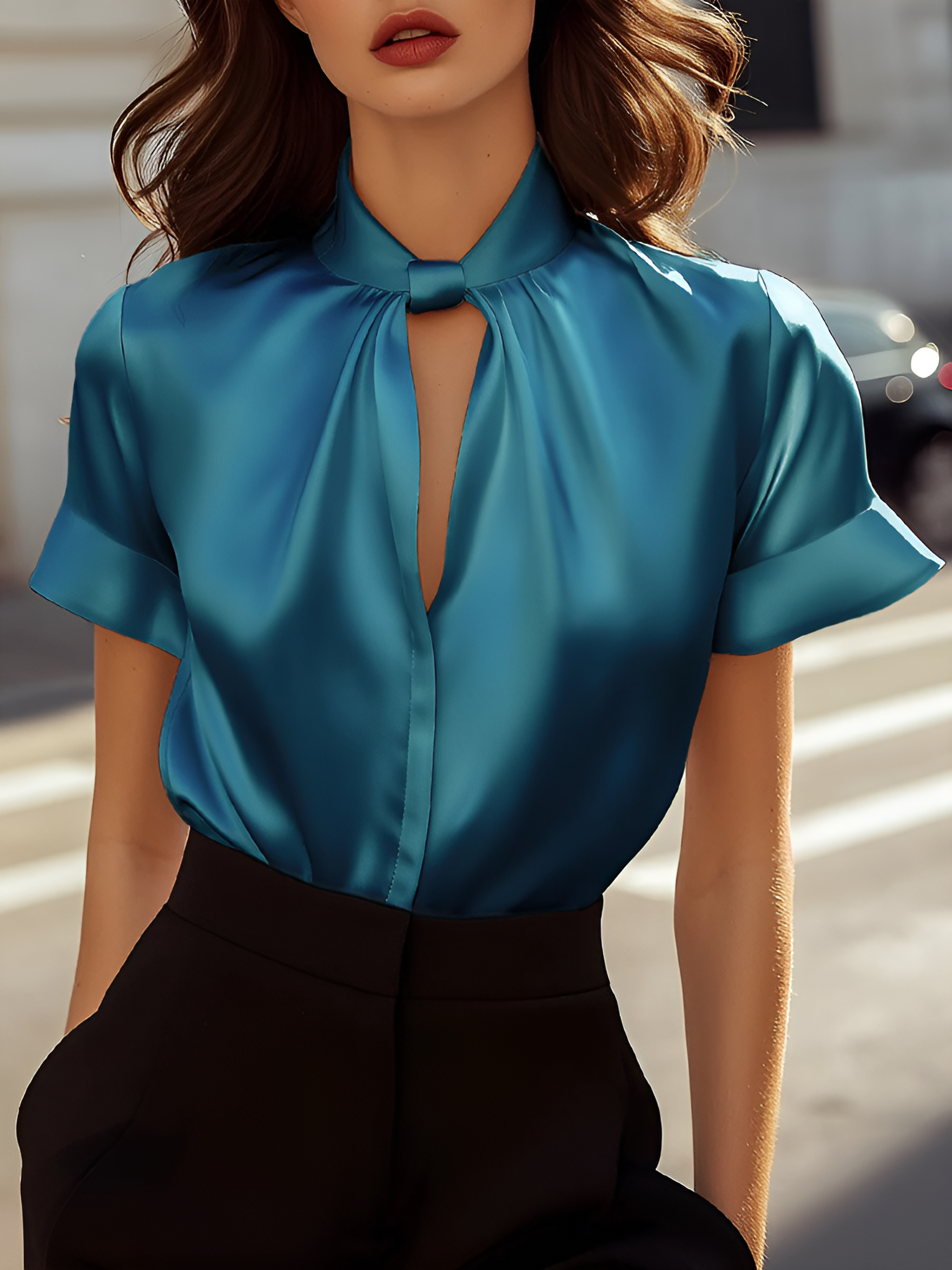 Satin Short Sleeve Keyhole Solid Color Blouse Blue/L