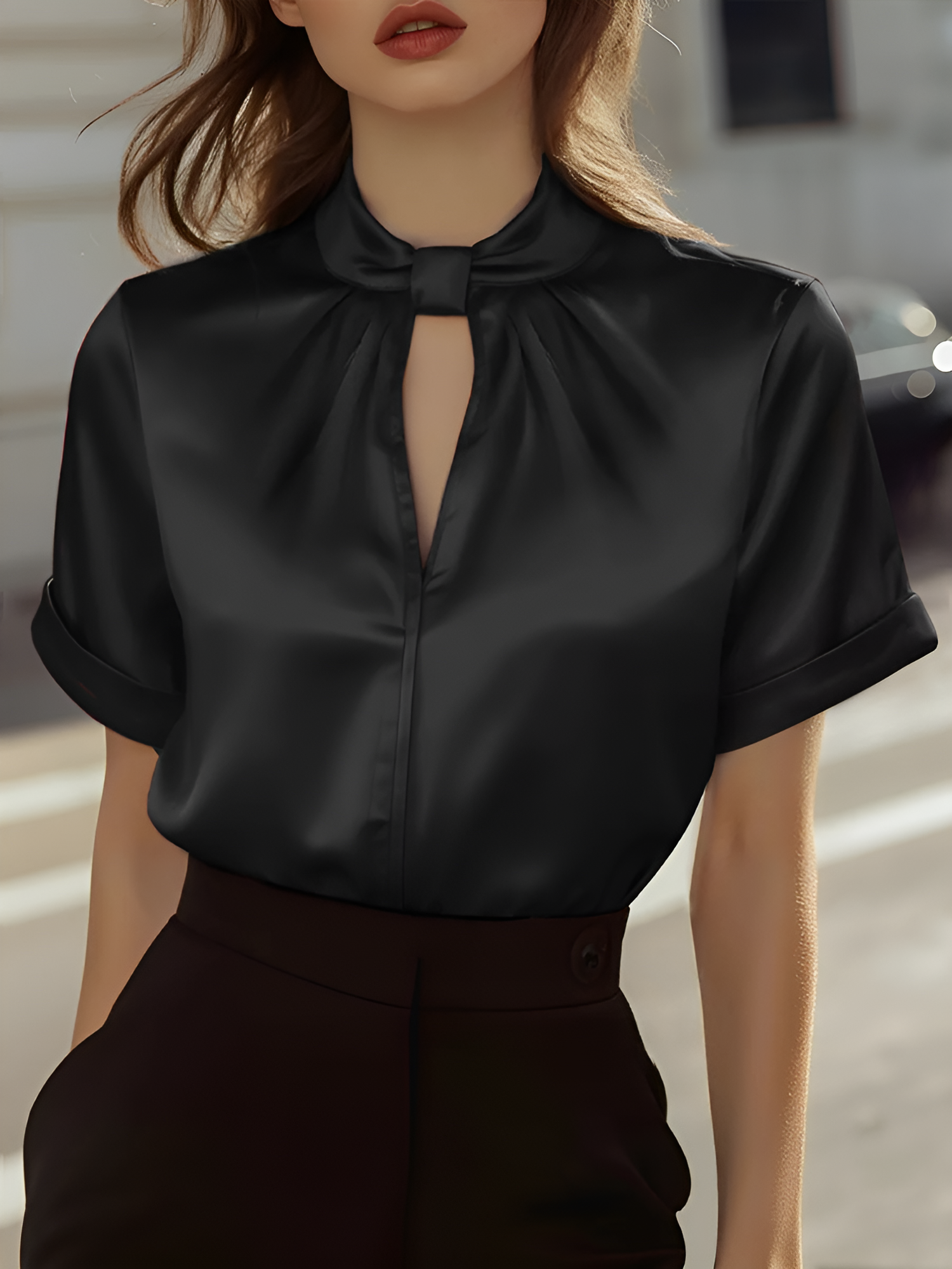 Satin Short Sleeve Keyhole Solid Color Blouse Black/XL