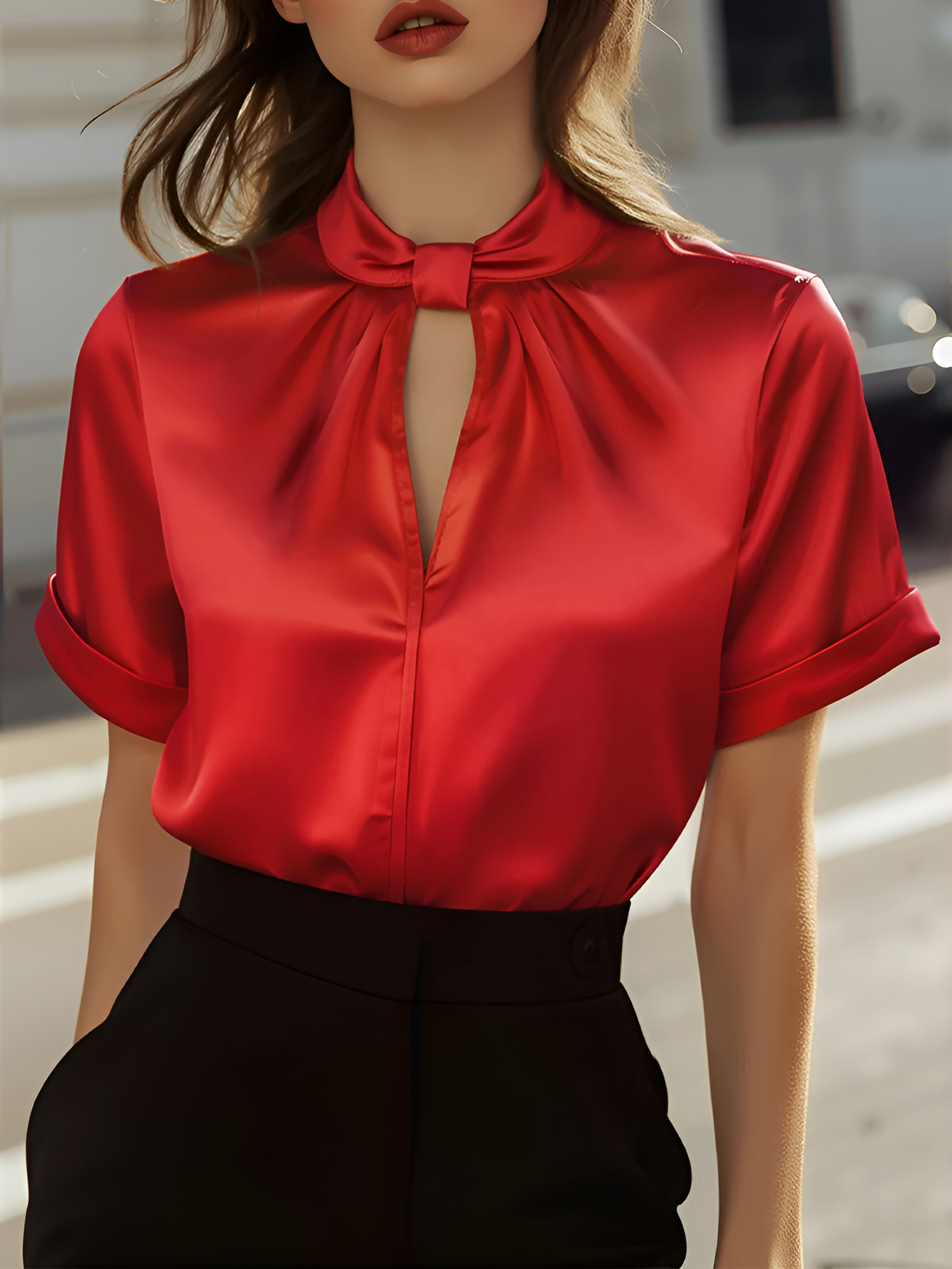 Satin Short Sleeve Keyhole Solid Color Blouse Red/M