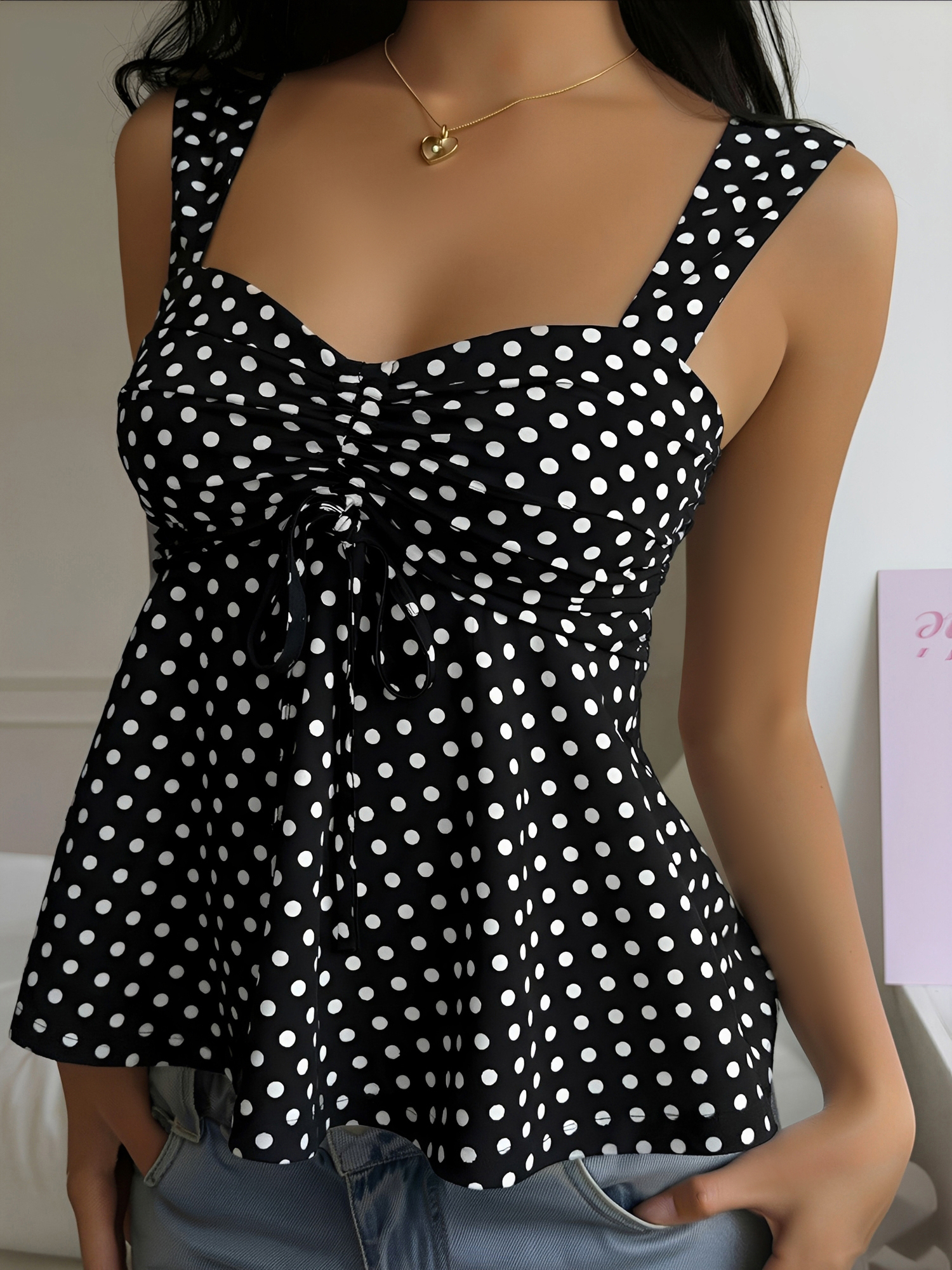 Cute Polka Dot Drawstring Sweetheart Neck Ruched Top Black/M