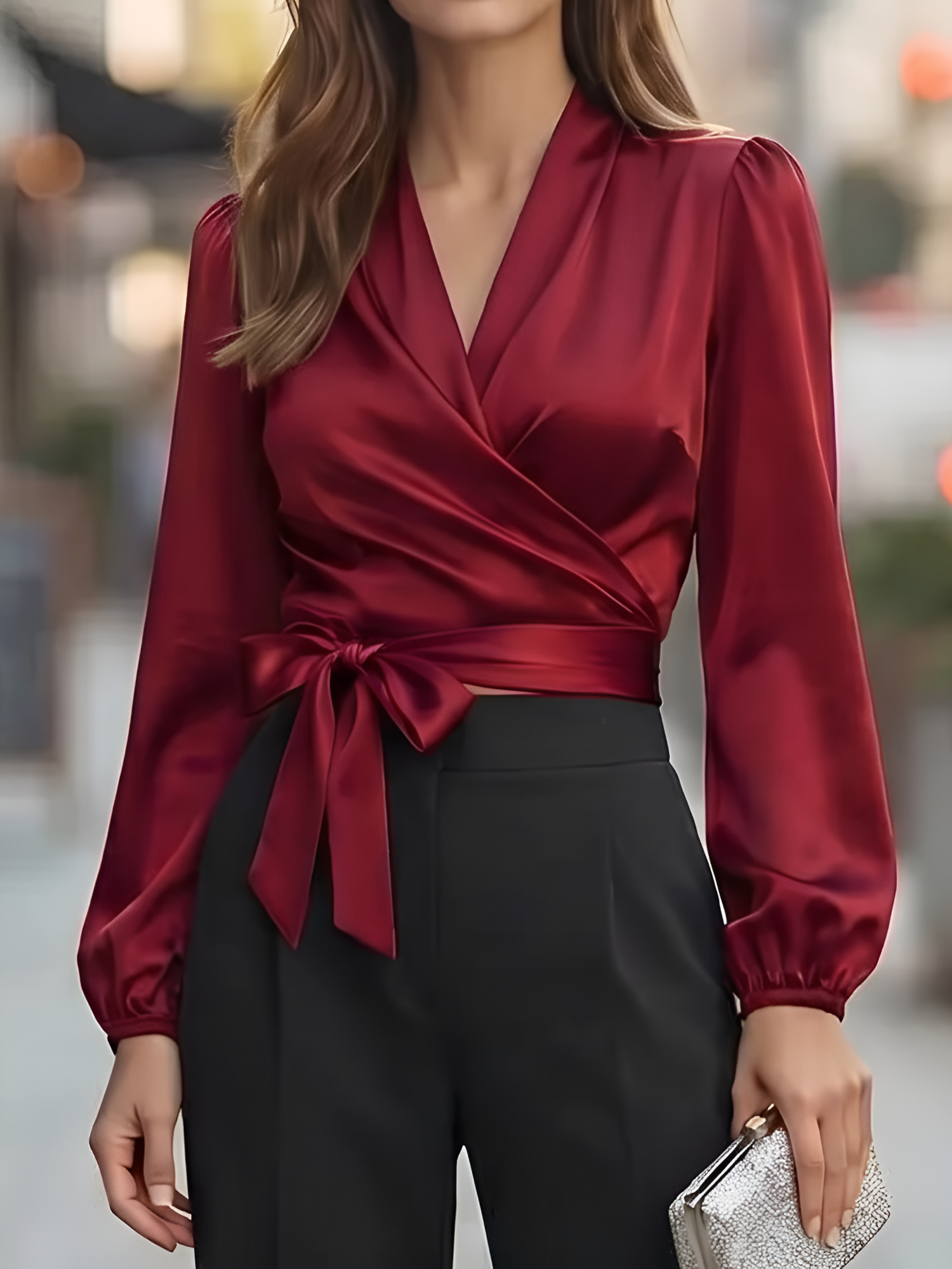 V Neck Satin Tie Front Puff Long Sleeve Blouse Burgundy/XL
