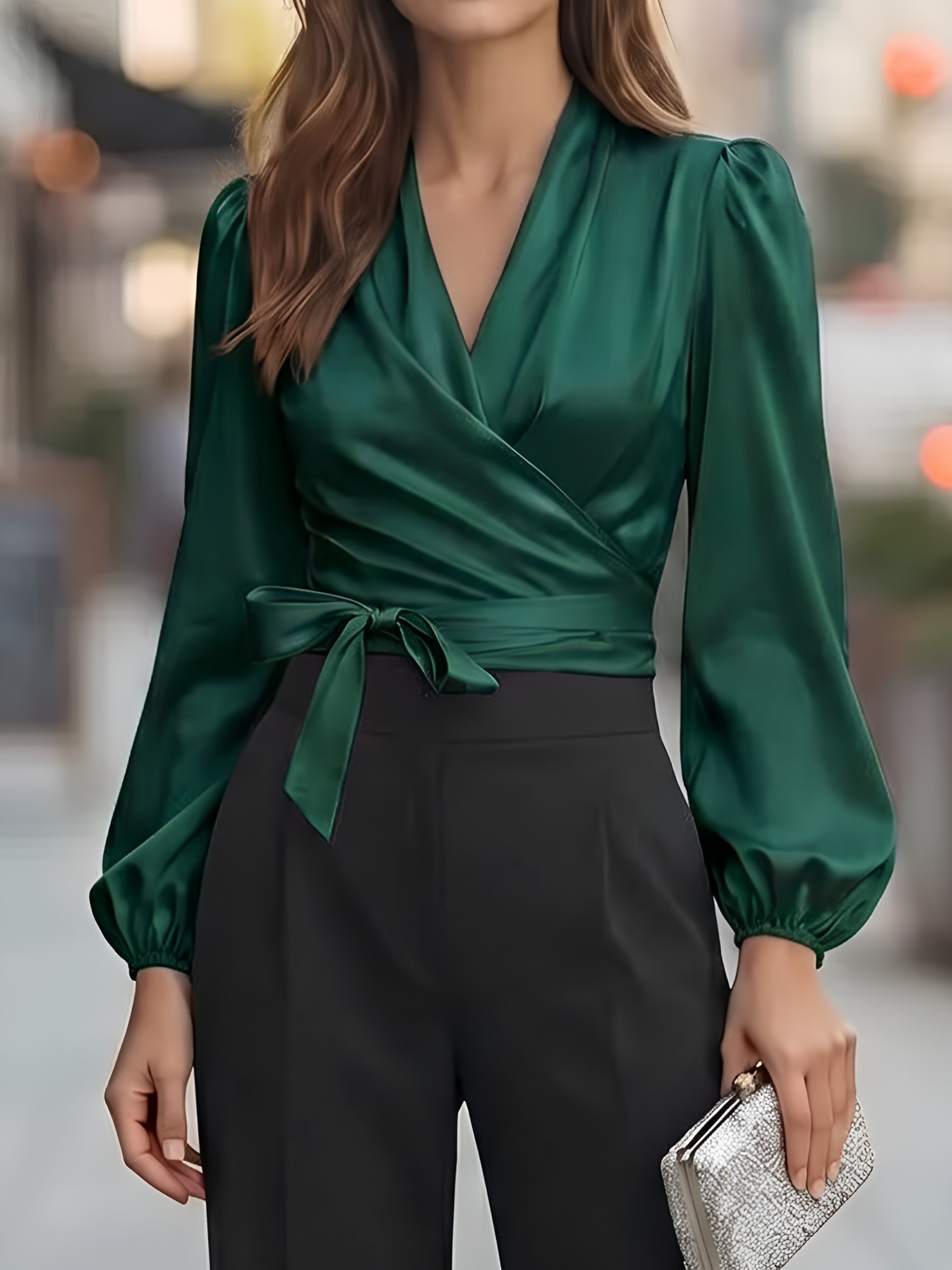V Neck Satin Tie Front Puff Long Sleeve Blouse Green/S