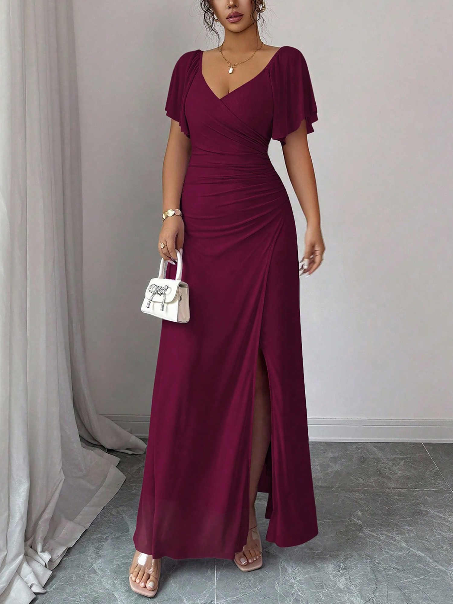 Mesh Panel V-Neck Flare Short Sleeve Slit Dress Dark Red/S
