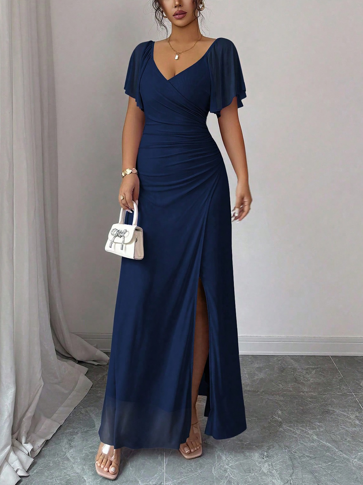 Mesh Panel V-Neck Flare Short Sleeve Slit Dress Navy Blue/XS