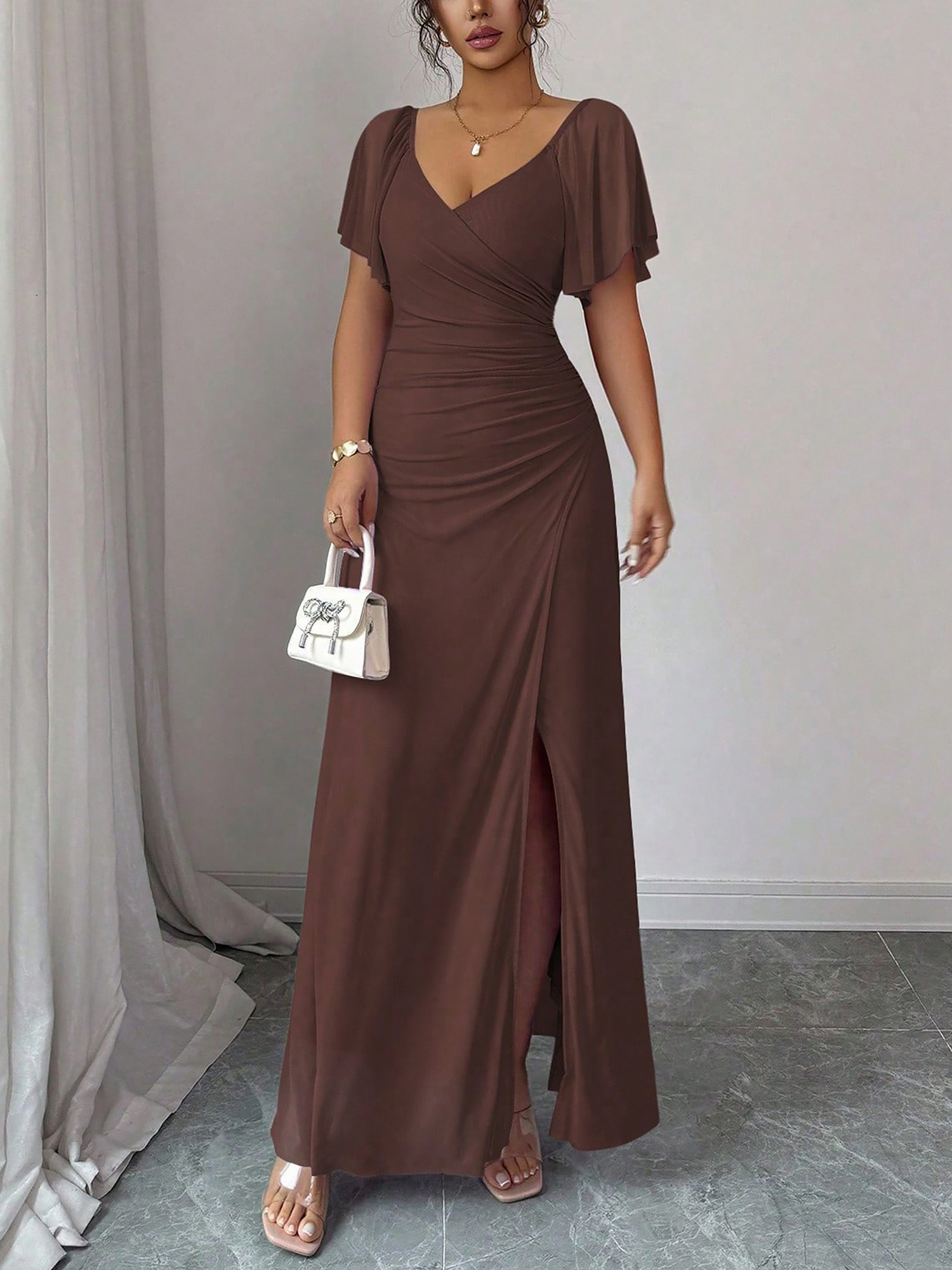 Mesh Panel V-Neck Flare Short Sleeve Slit Dress Coffee/M