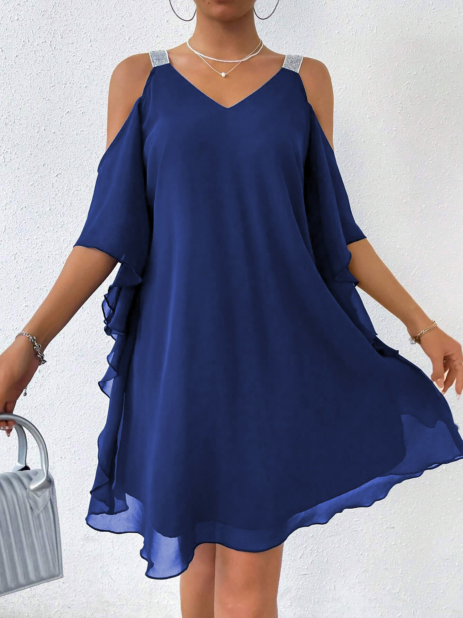 Cold Shoulder Solid Color Ruffled Chiffon Dress Dark Blue/S