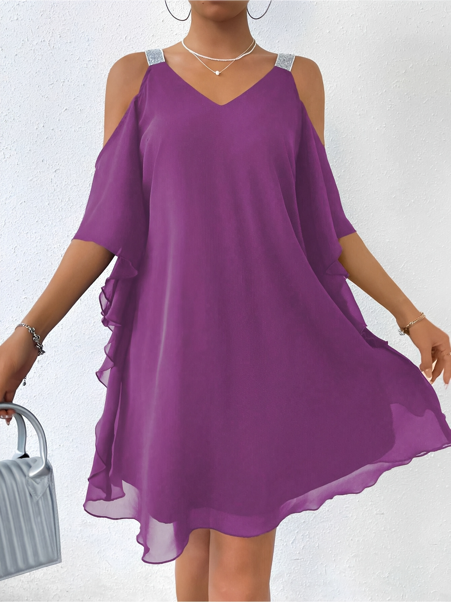 Cold Shoulder Solid Color Ruffled Chiffon Dress Purple/XS