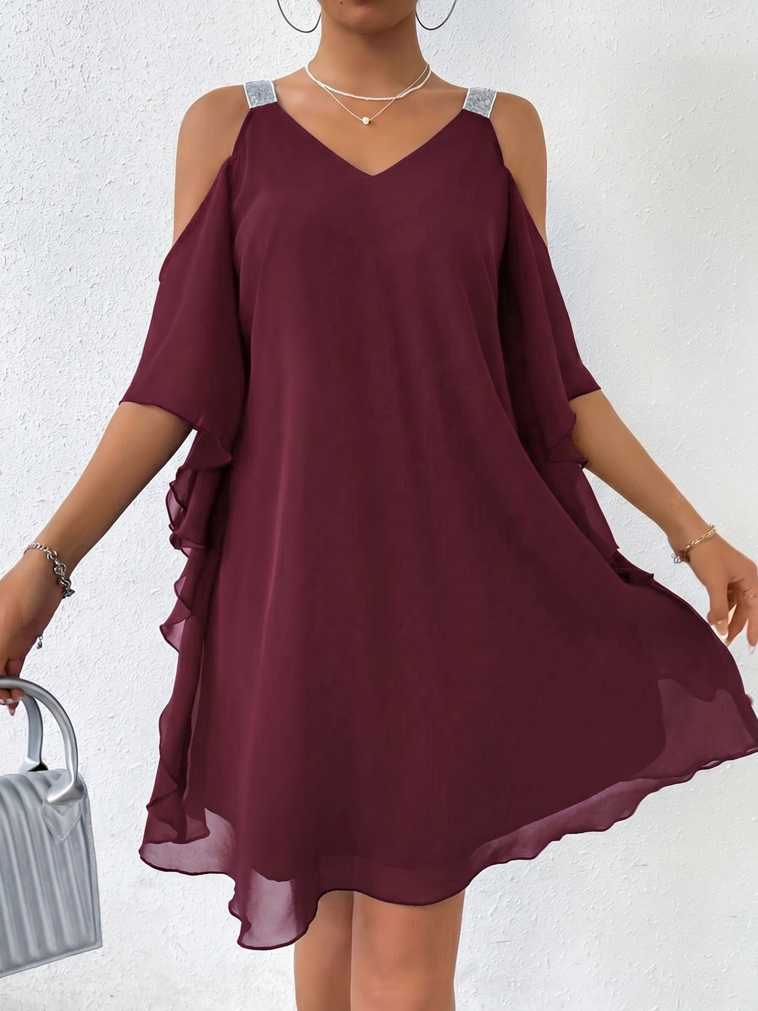 Cold Shoulder Solid Color Ruffled Chiffon Dress Dark Red/S