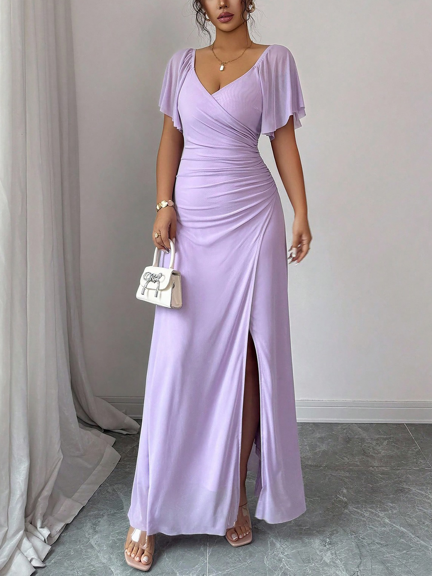 Mesh Panel V-Neck Flare Short Sleeve Slit Dress Purple/S