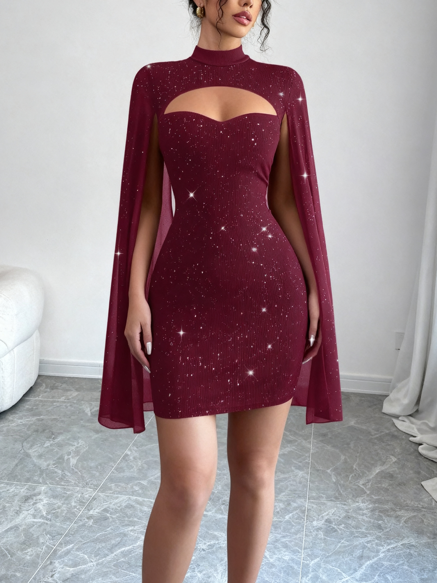 Mock Neck Ribbed Cape Style Bodycon Mini Dress Burgundy/XS