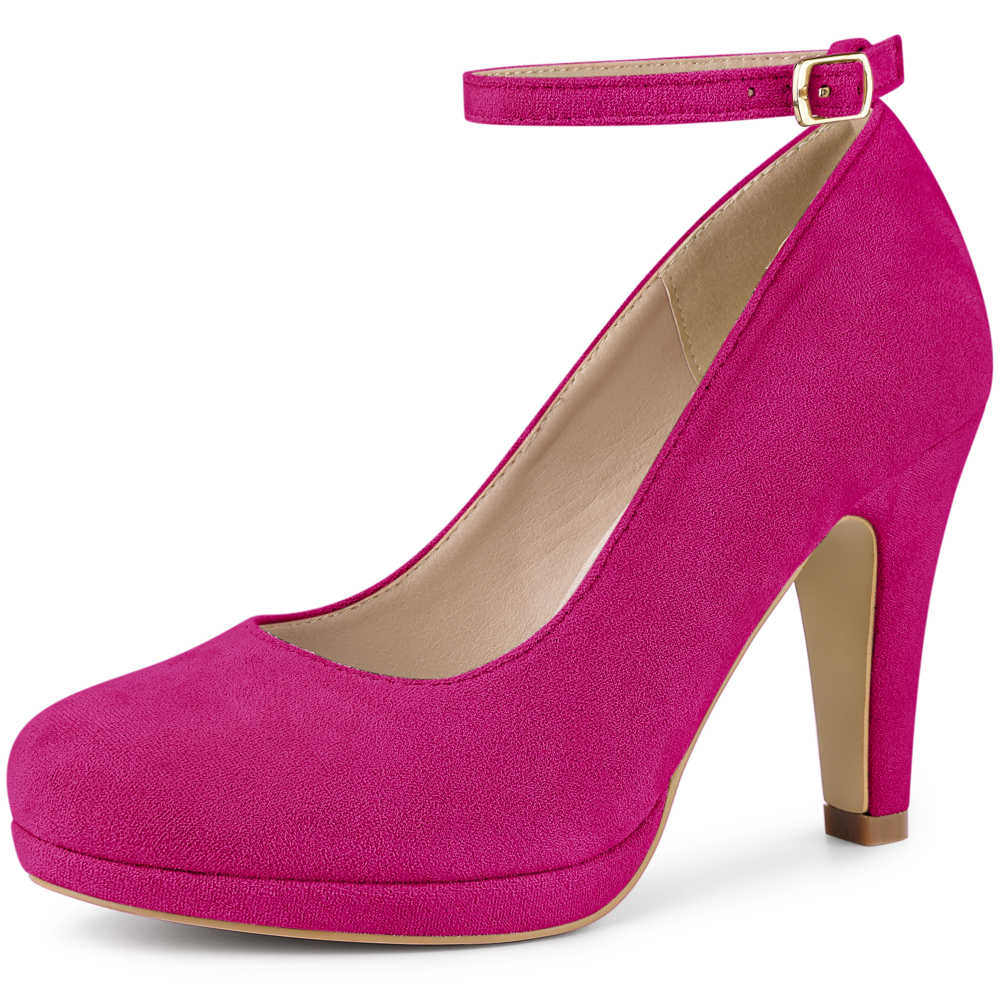 Round Toe Stiletto Heel Ankle Strap PU Leather Pumps Hot Pink-suede/6