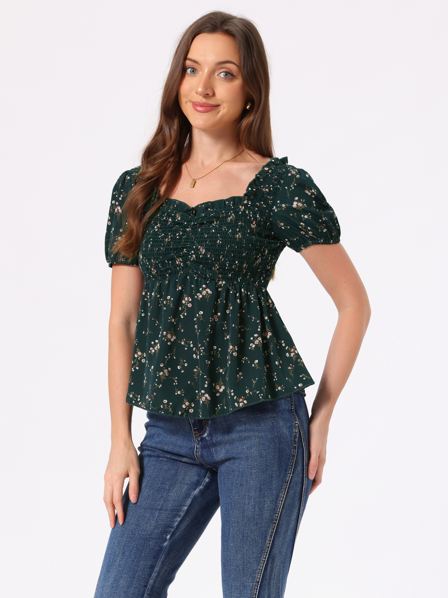 Puff Short Sleeve Floral Shirred Ruffle Peplum Blouse Green/M