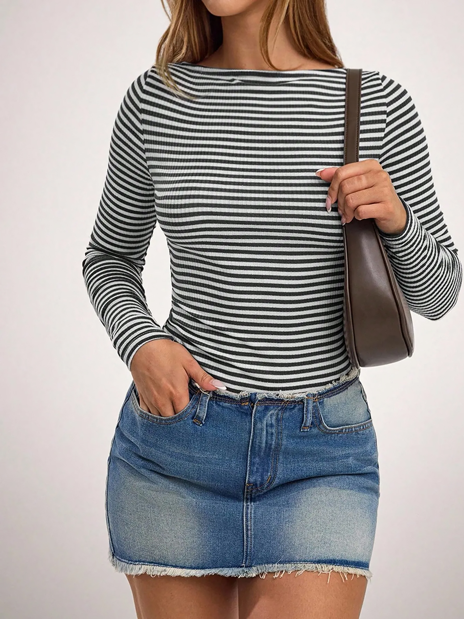 Striped Boat Neck Long Sleeves Casual Blouse Black/M