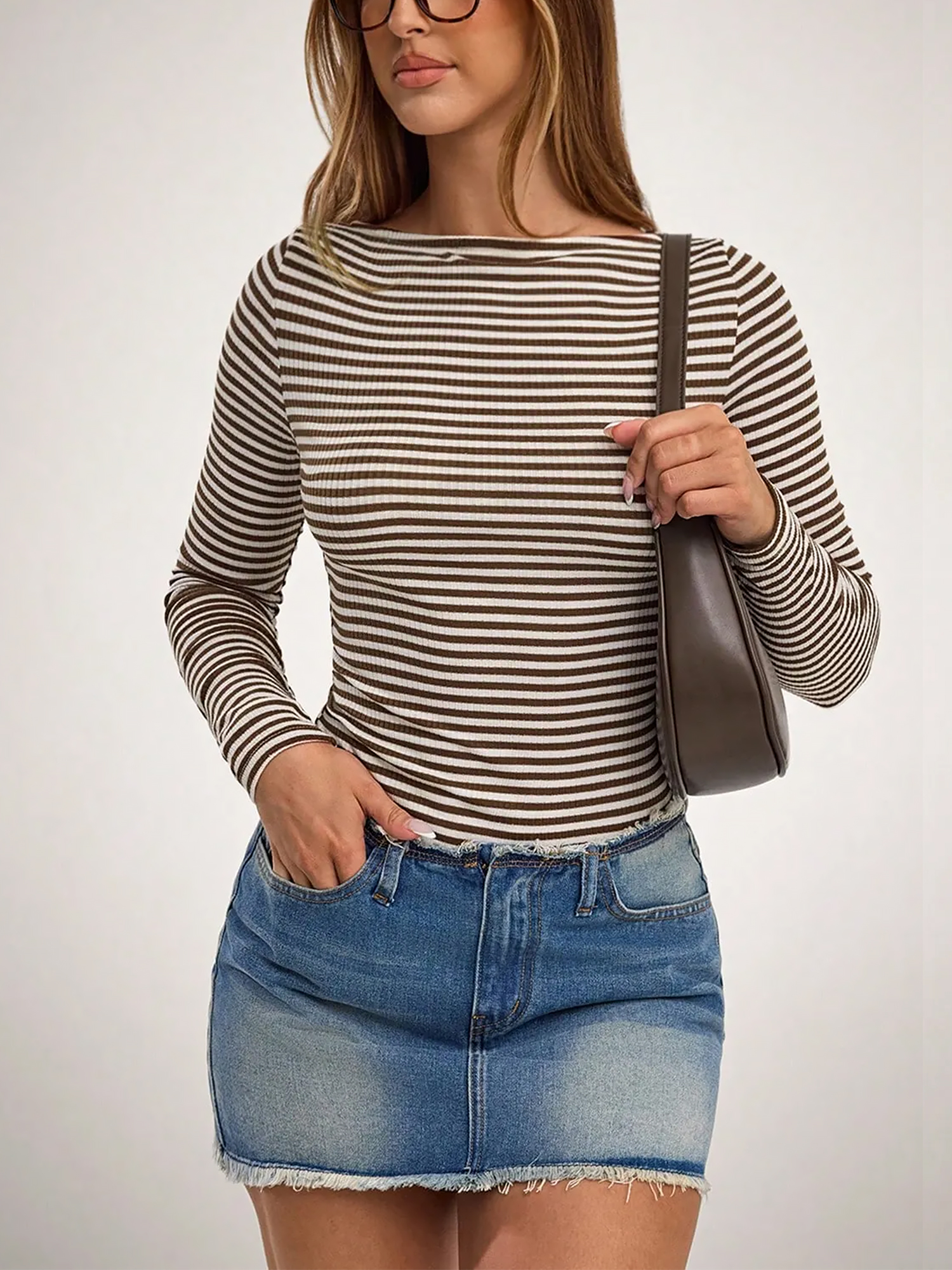Striped Boat Neck Long Sleeves Casual Blouse Brown/M