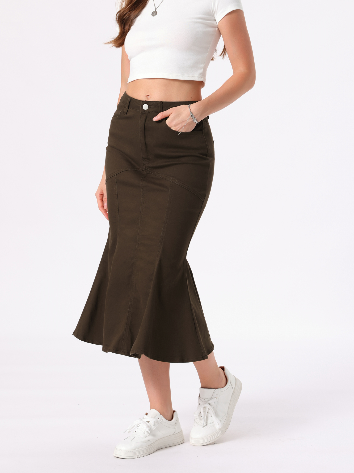 Fishtail Denim Washed Midi Jean Bodycon Skirt Dark Brown/M