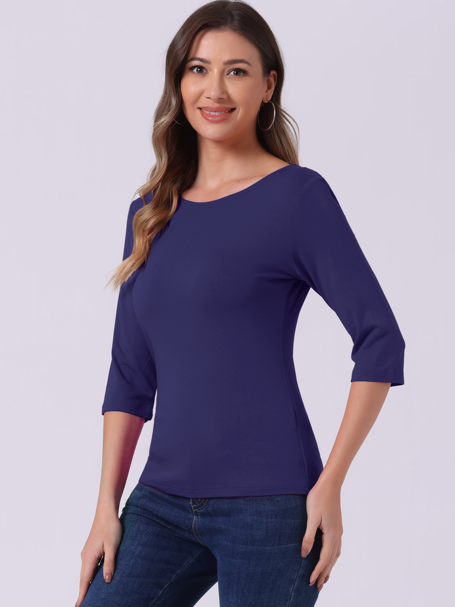 Casual Boat Neck 3/4 Sleeve Solid Basic T-shirt Navy Blue/L