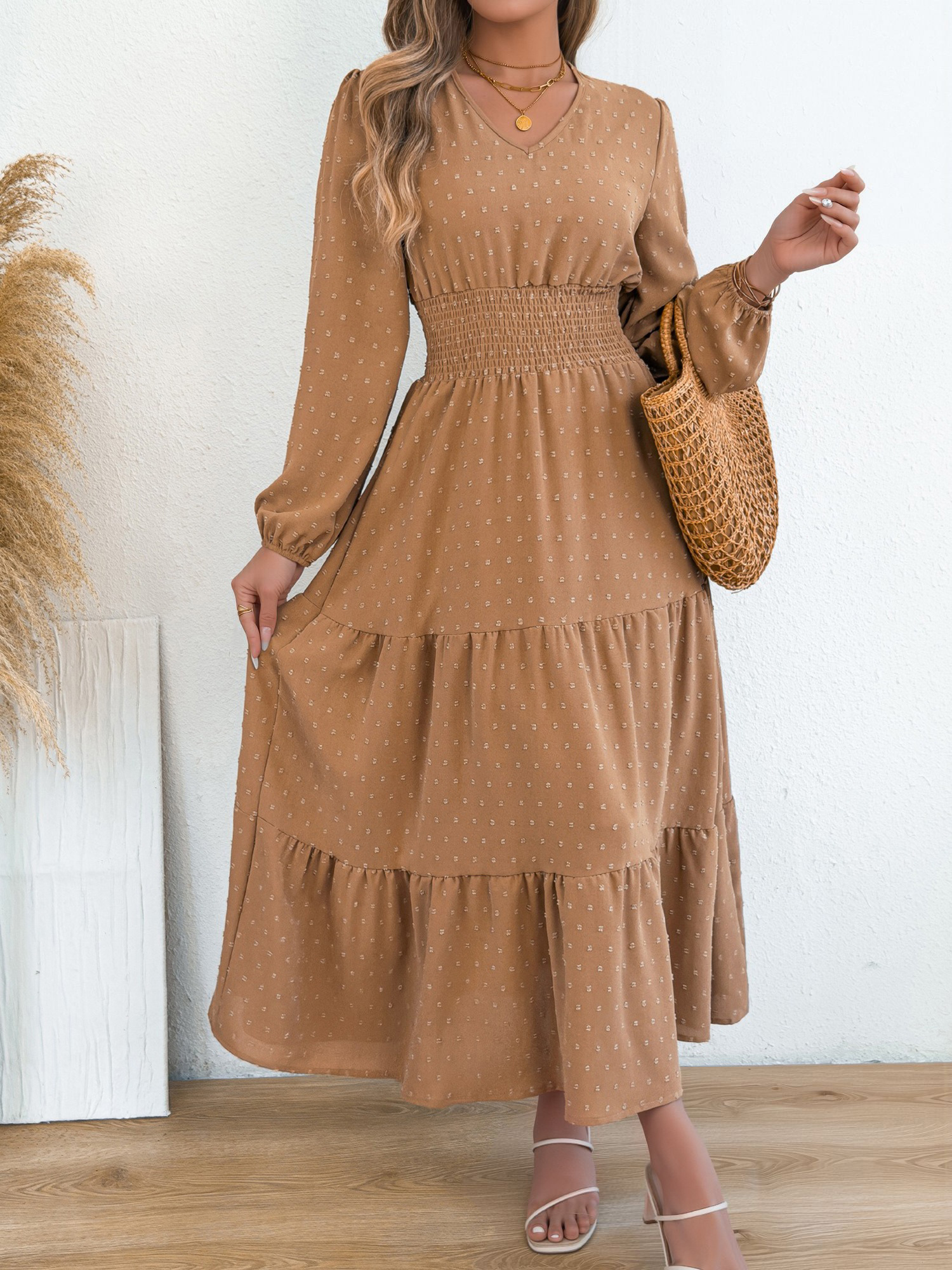 Swiss Dots V Neck Long Sleeves Smocked Tiered Dress Khaki/M