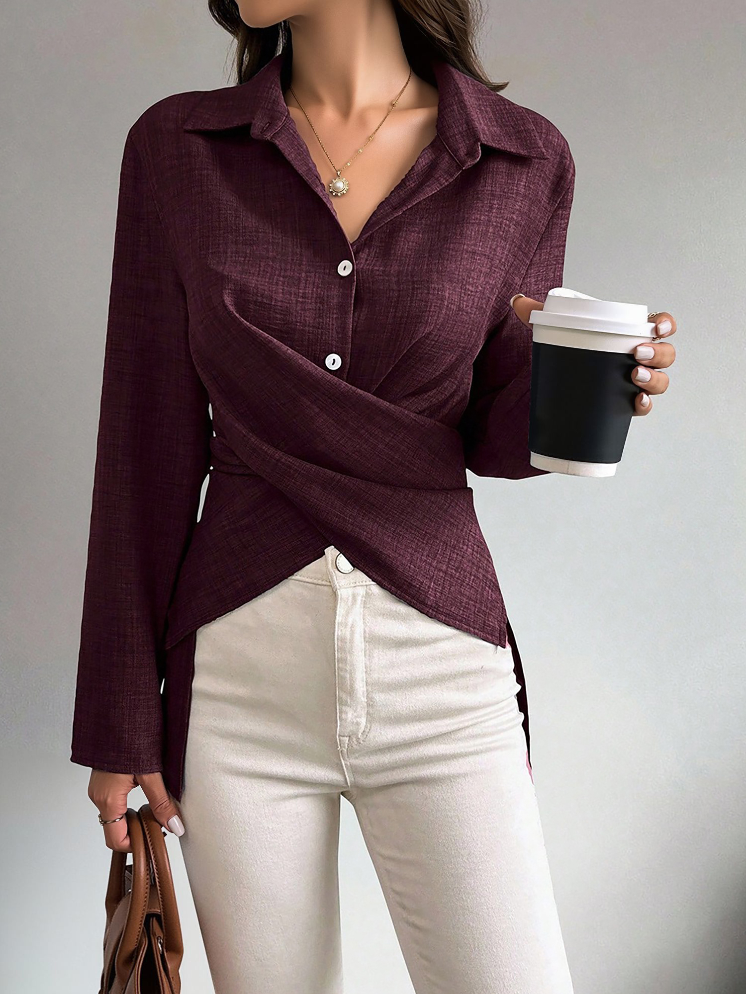Long Sleeves Slit Criss Crioss Lace-Up Blouse Dark Red/S