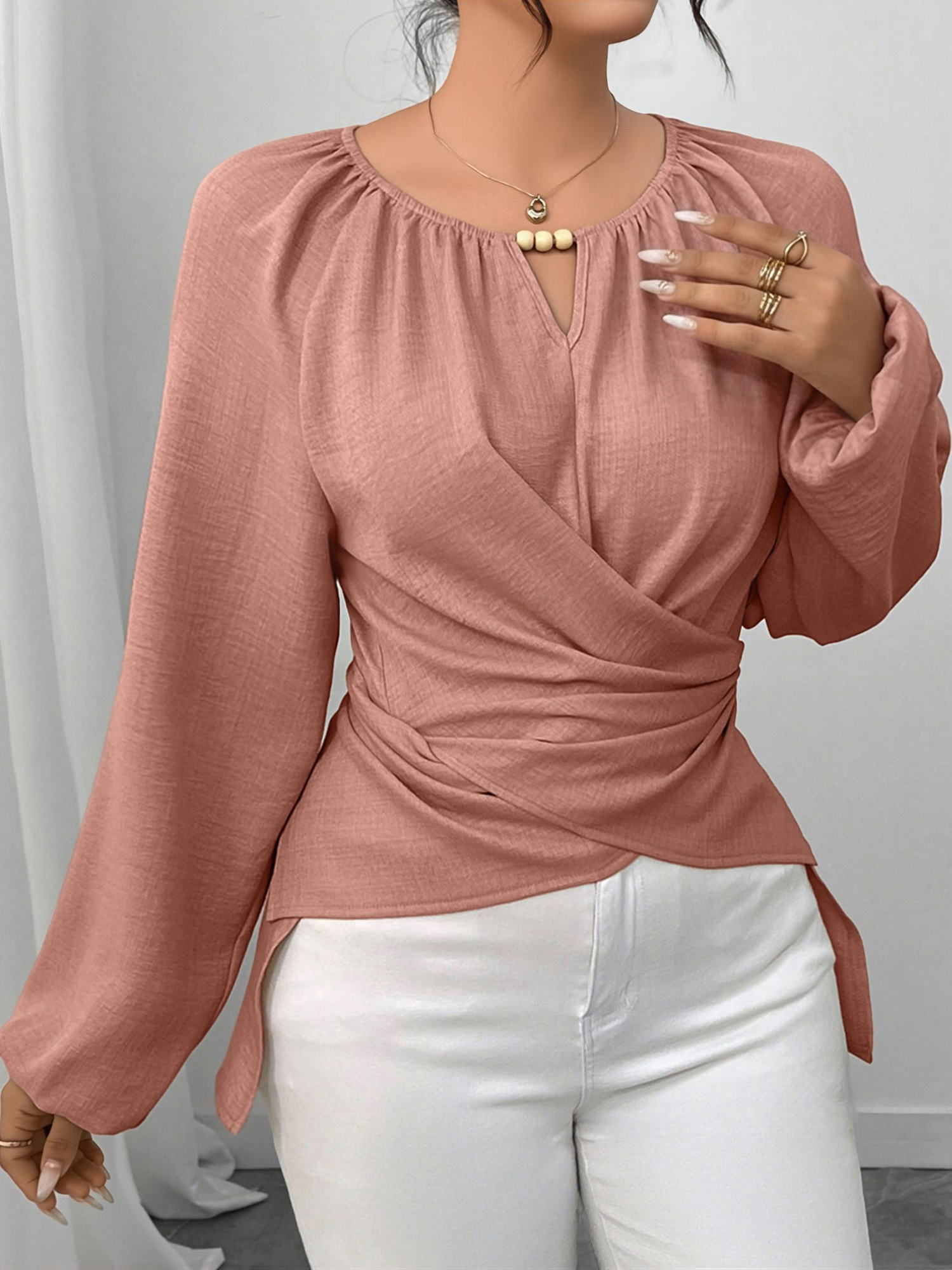 Round Neck Long Sleeves Criss Cross Lace-Up Blouse Pink/L
