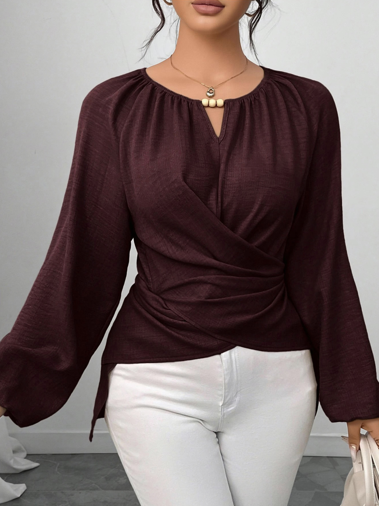 Round Neck Long Sleeves Criss Cross Lace-Up Blouse Dark Red/L