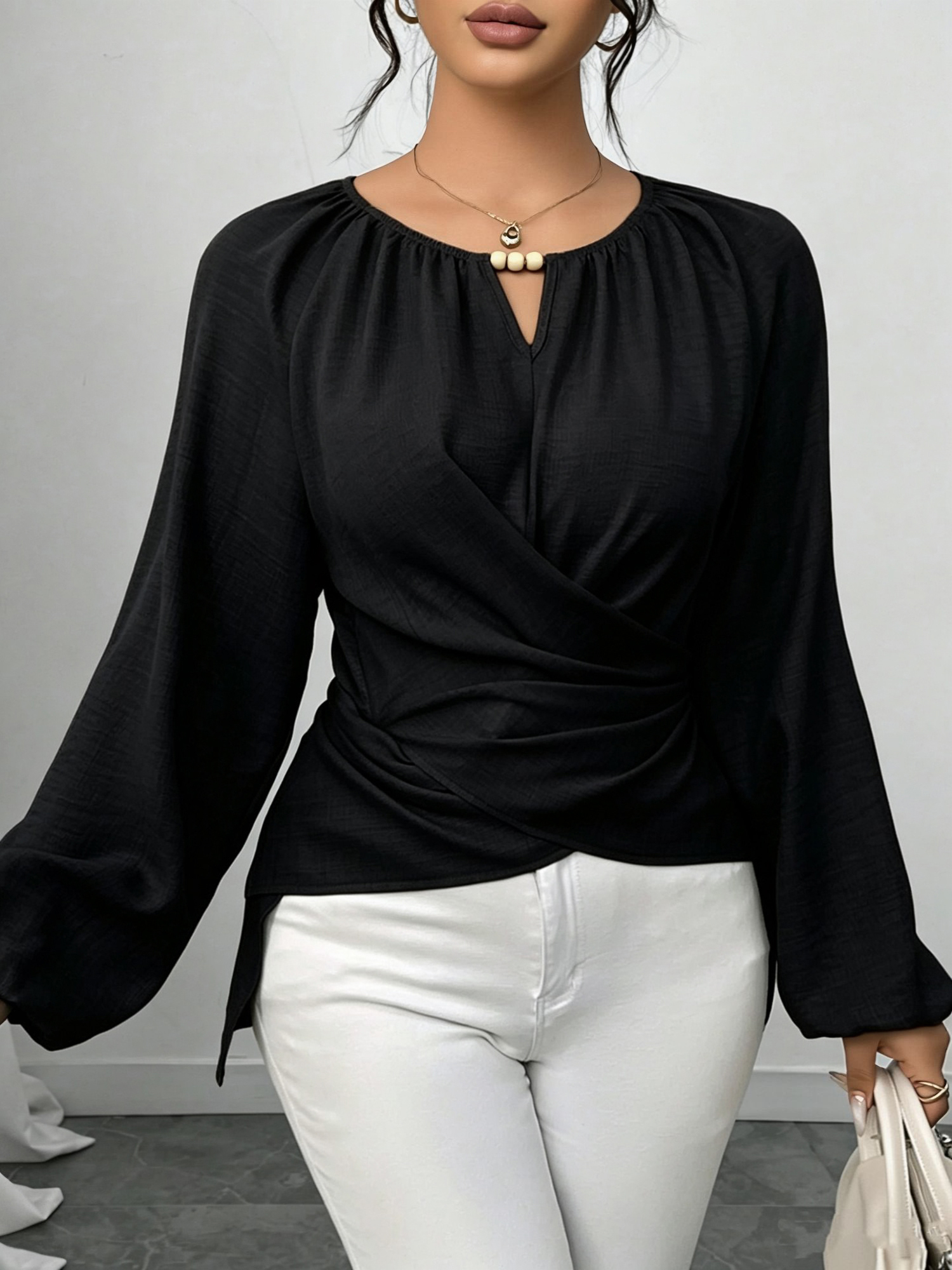 Round Neck Long Sleeves Criss Cross Lace-Up Blouse Black/S