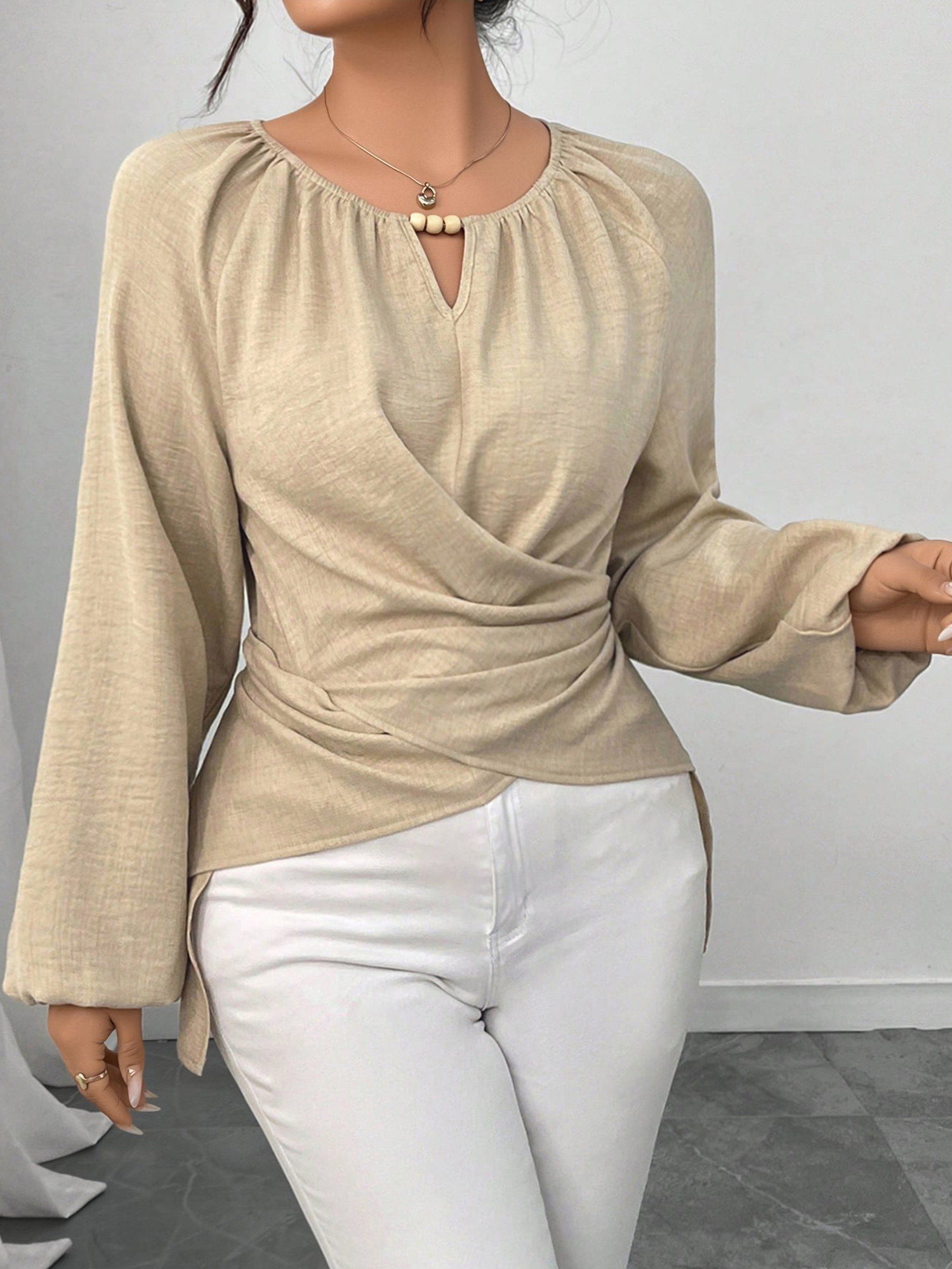 Round Neck Long Sleeves Criss Cross Lace-Up Blouse Apricot/S