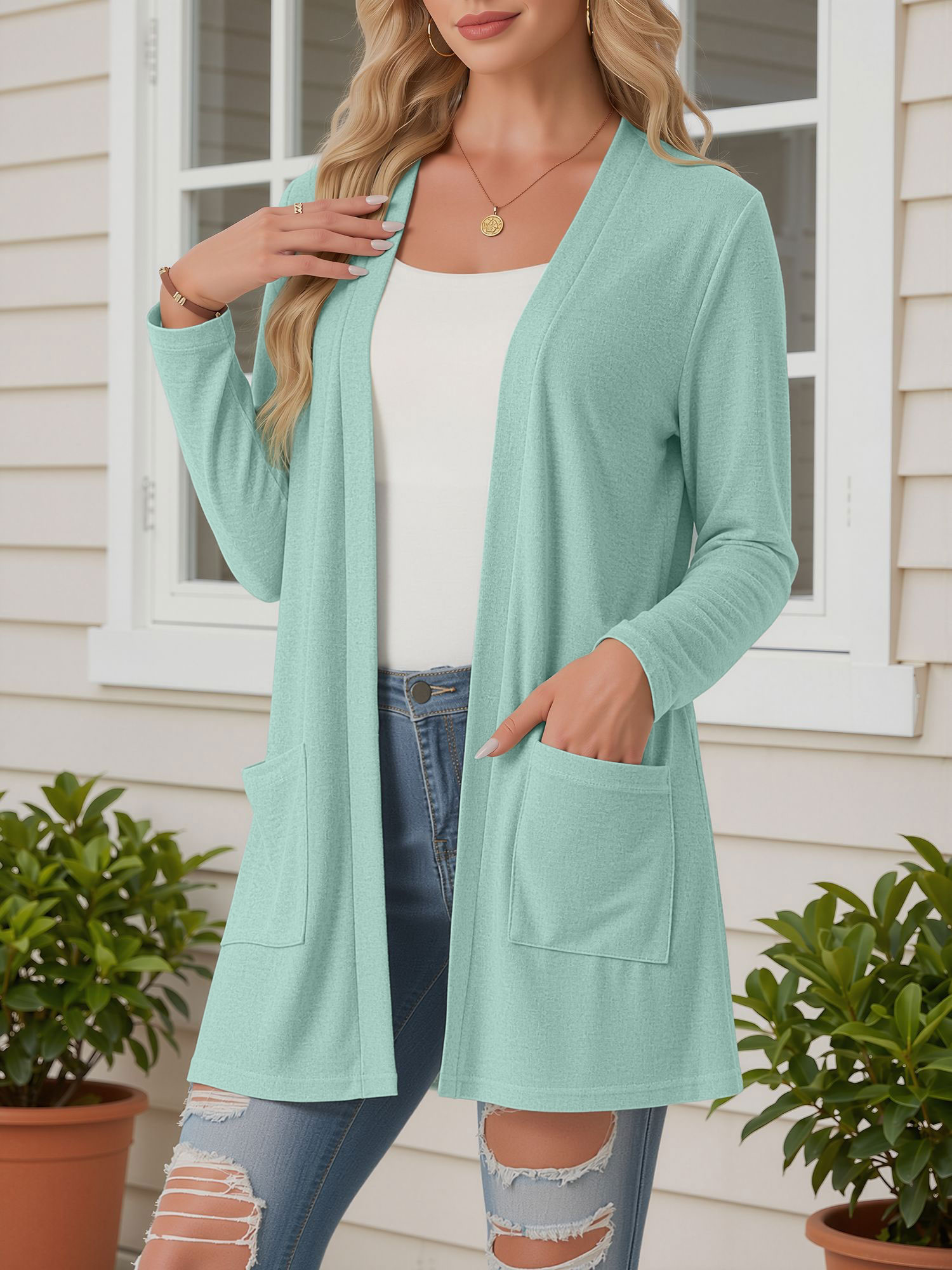 Open Front Long Sleeve Pockets Casual Jacket Light Green/XL