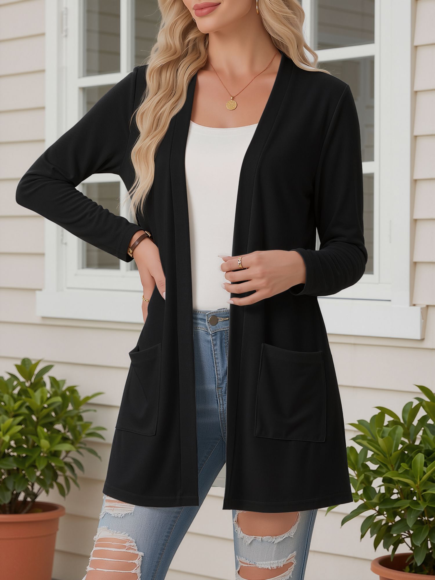 Open Front Long Sleeve Pockets Casual Jacket Black/S