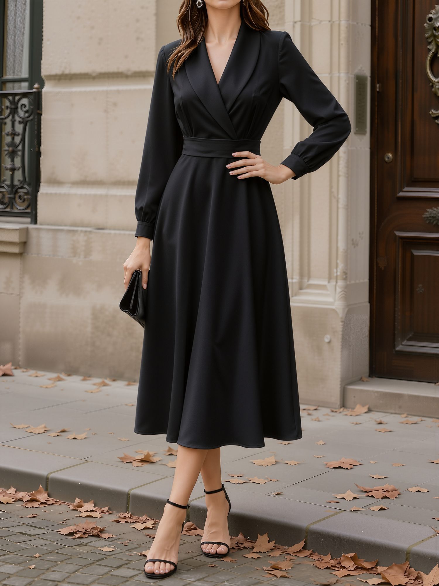 Shawl Collar Long Sleeves Midi A-Line Dress Black/XS