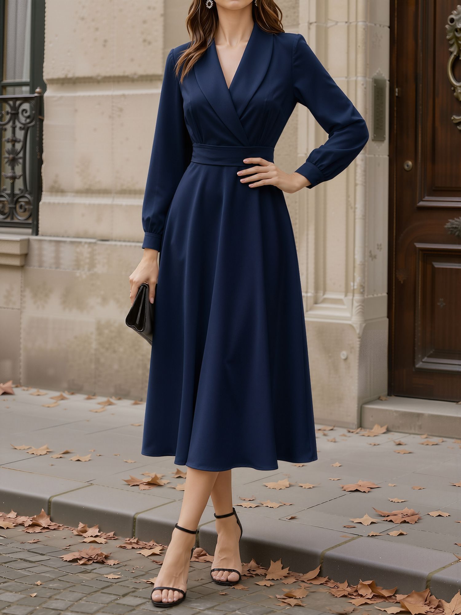 Shawl Collar Long Sleeves Midi A-Line Dress Navy Blue/XS