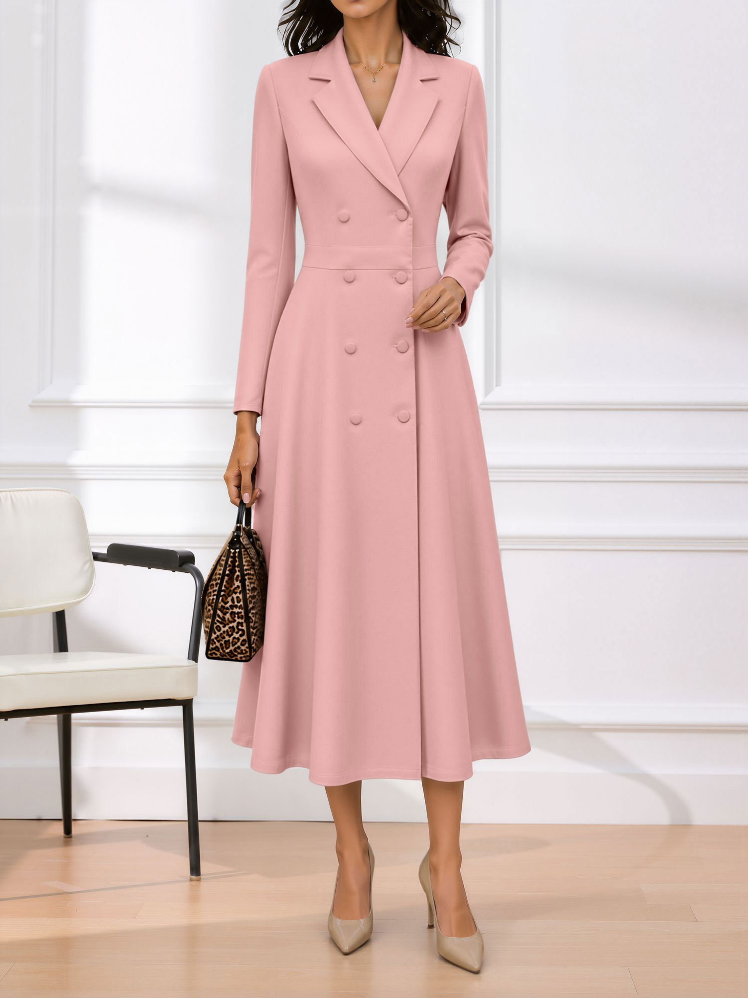 Notched Lapel Double Breasted Midi A-Line Work Dress Pink/M