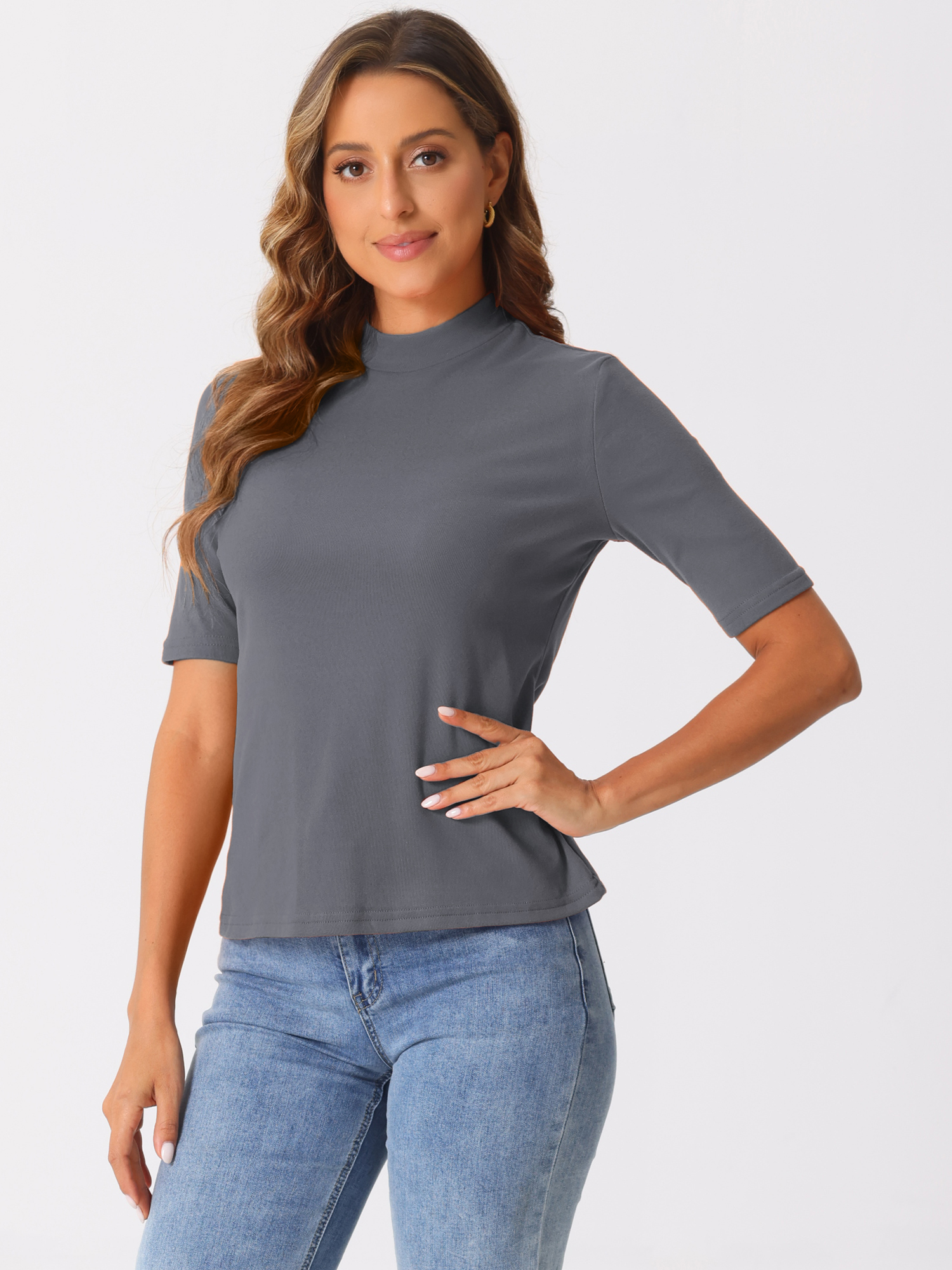 Mock Neck Solid Color Short Sleeves Casual T-shirts Gray/M