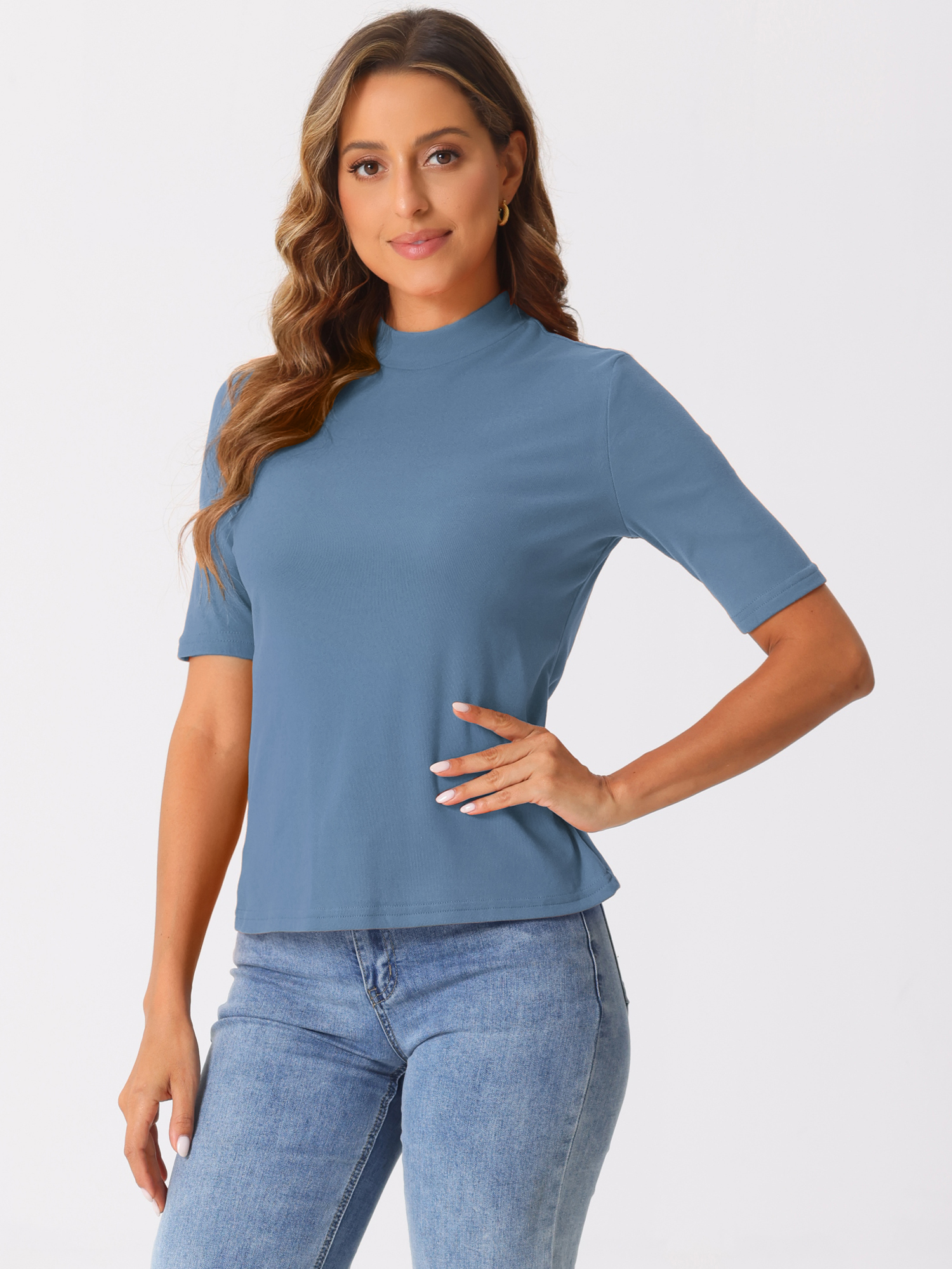 Mock Neck Solid Color Short Sleeves Casual T-shirts Gray Blue2/XS