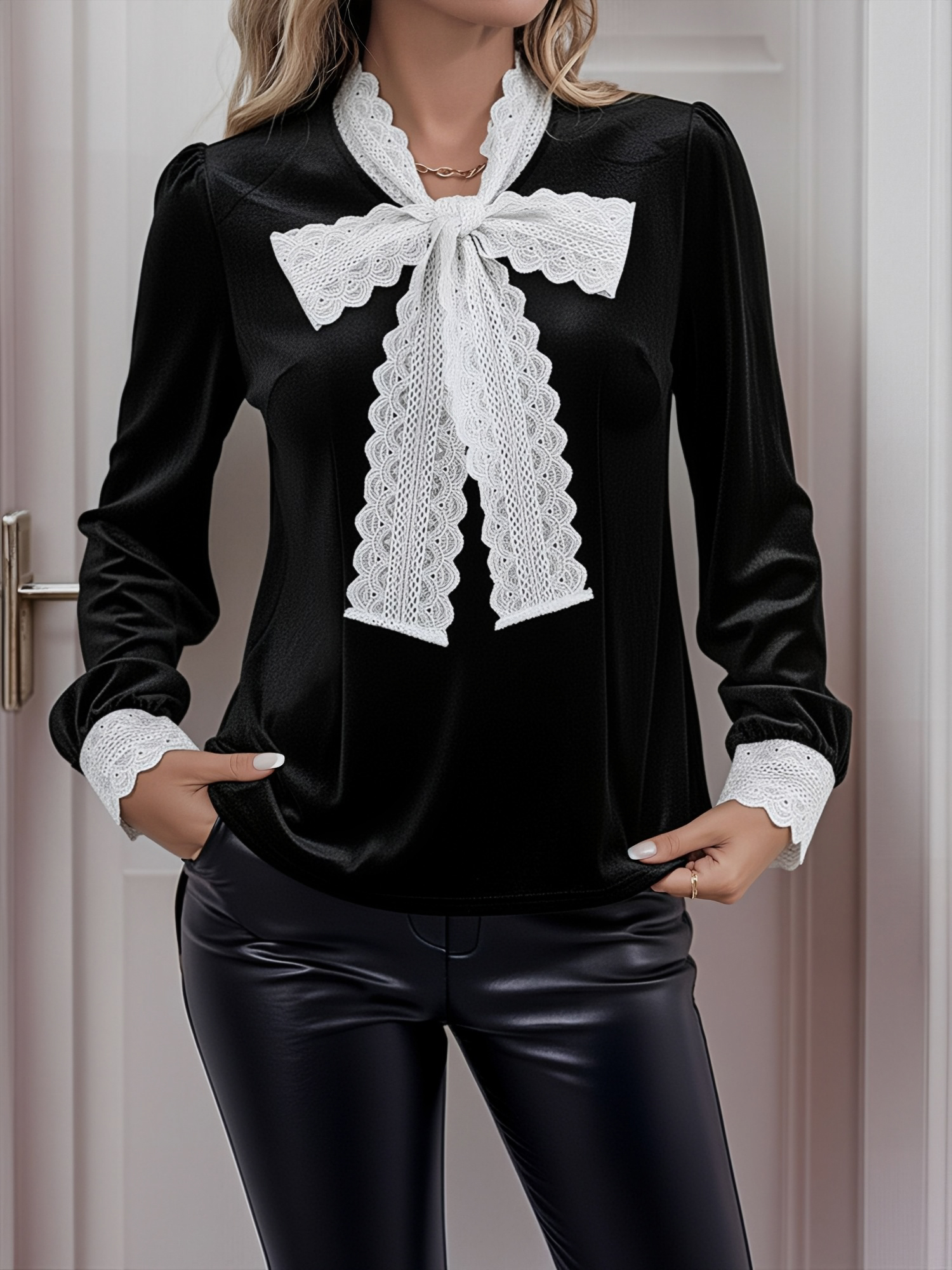 Colorblock Velvet Lace Bow Long Sleeve Blouse Black/XS