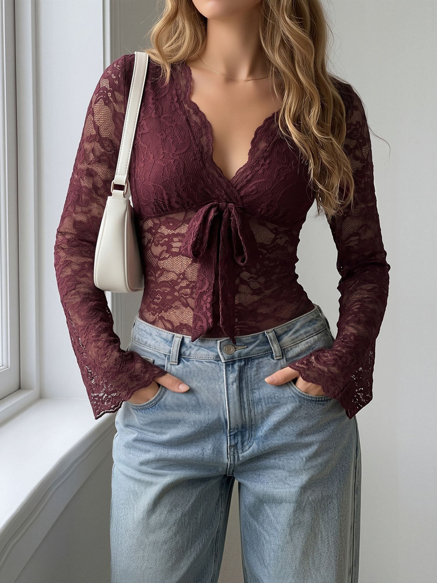 Lace Sheer V Neck Long Sleeves Bowknot Bodysuit Burgundy/S