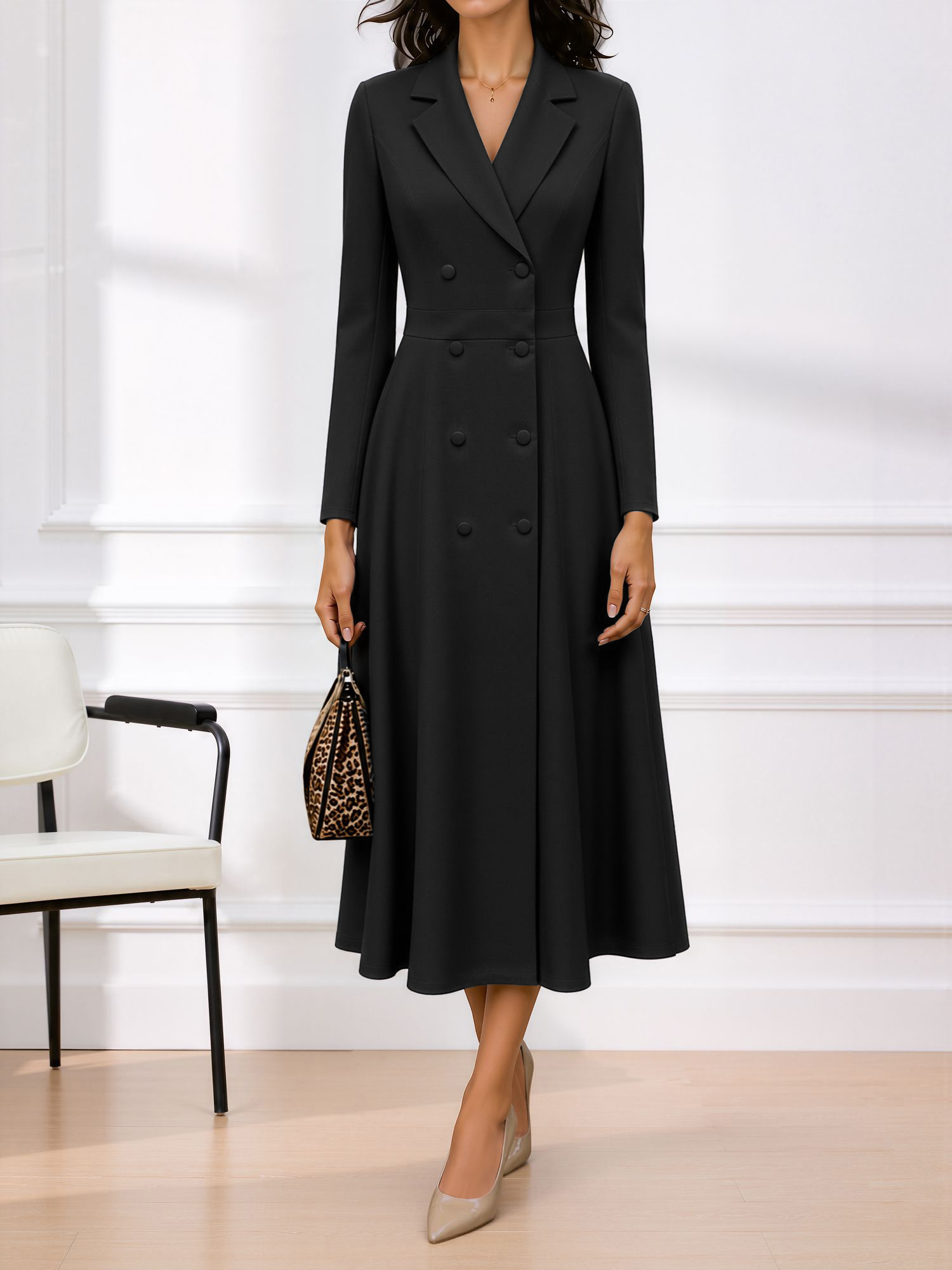 Notched Lapel Double Breasted Midi A-Line Work Dress Black/S