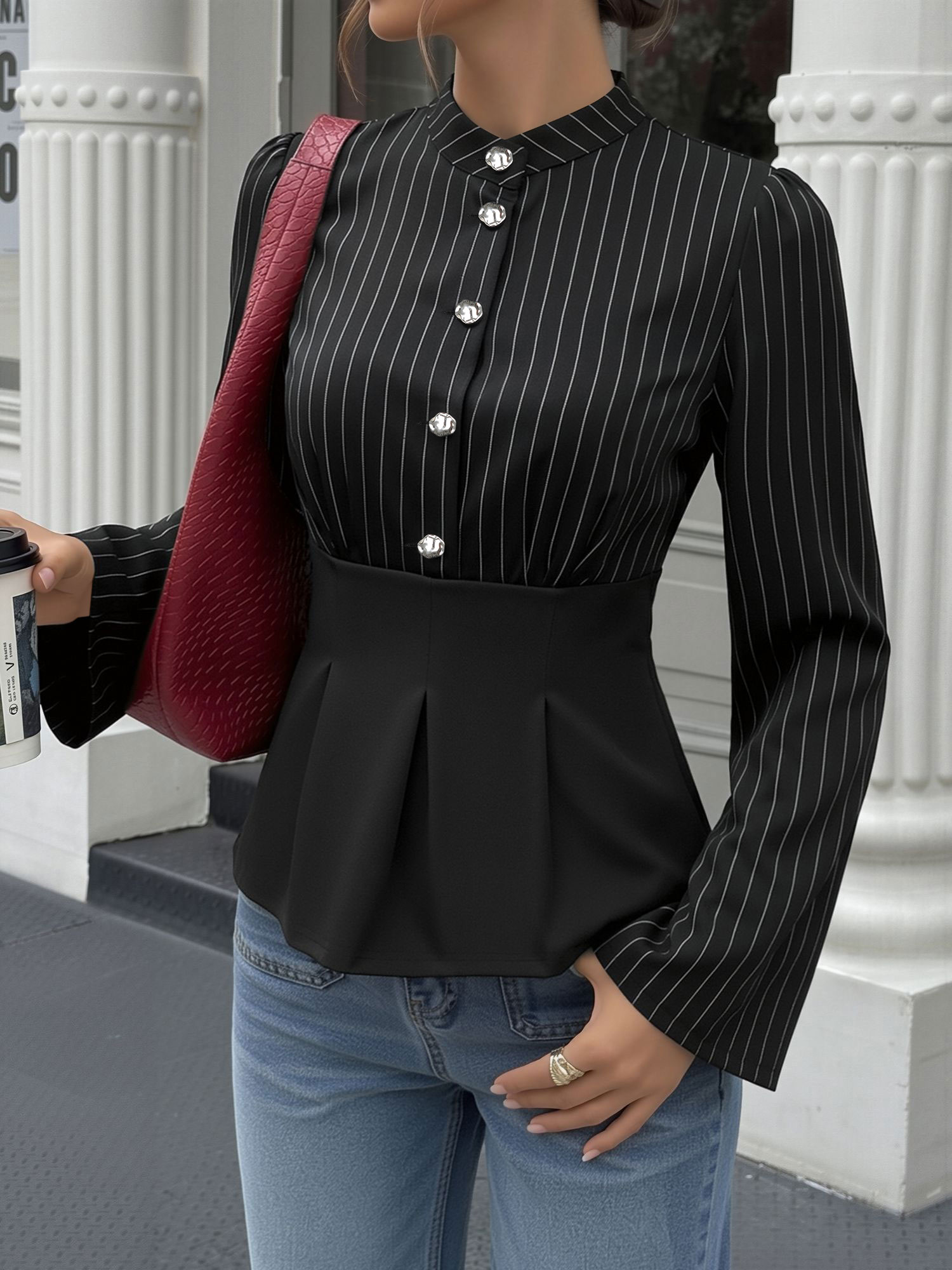 Striped Patchwork Long Sleeve Peplum Blouse Black/S