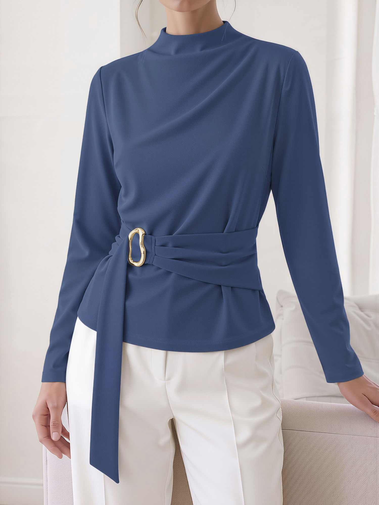 Mock Neck Long Sleeves Cinched Waist Blouse Blue/M