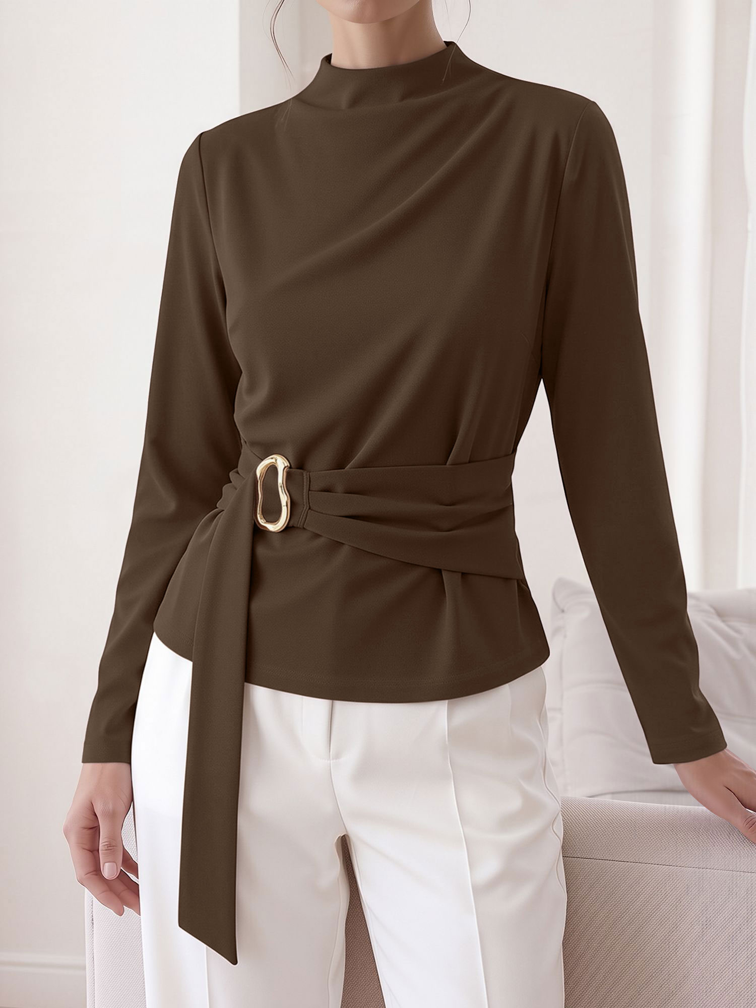 Mock Neck Long Sleeves Cinched Waist Blouse Coffee/S