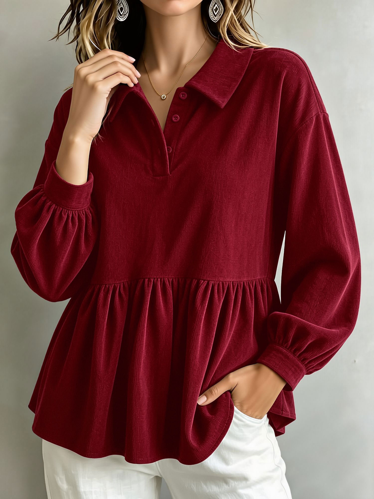 Corduroy Lantern Sleeve Solid Color Blouse Red/S