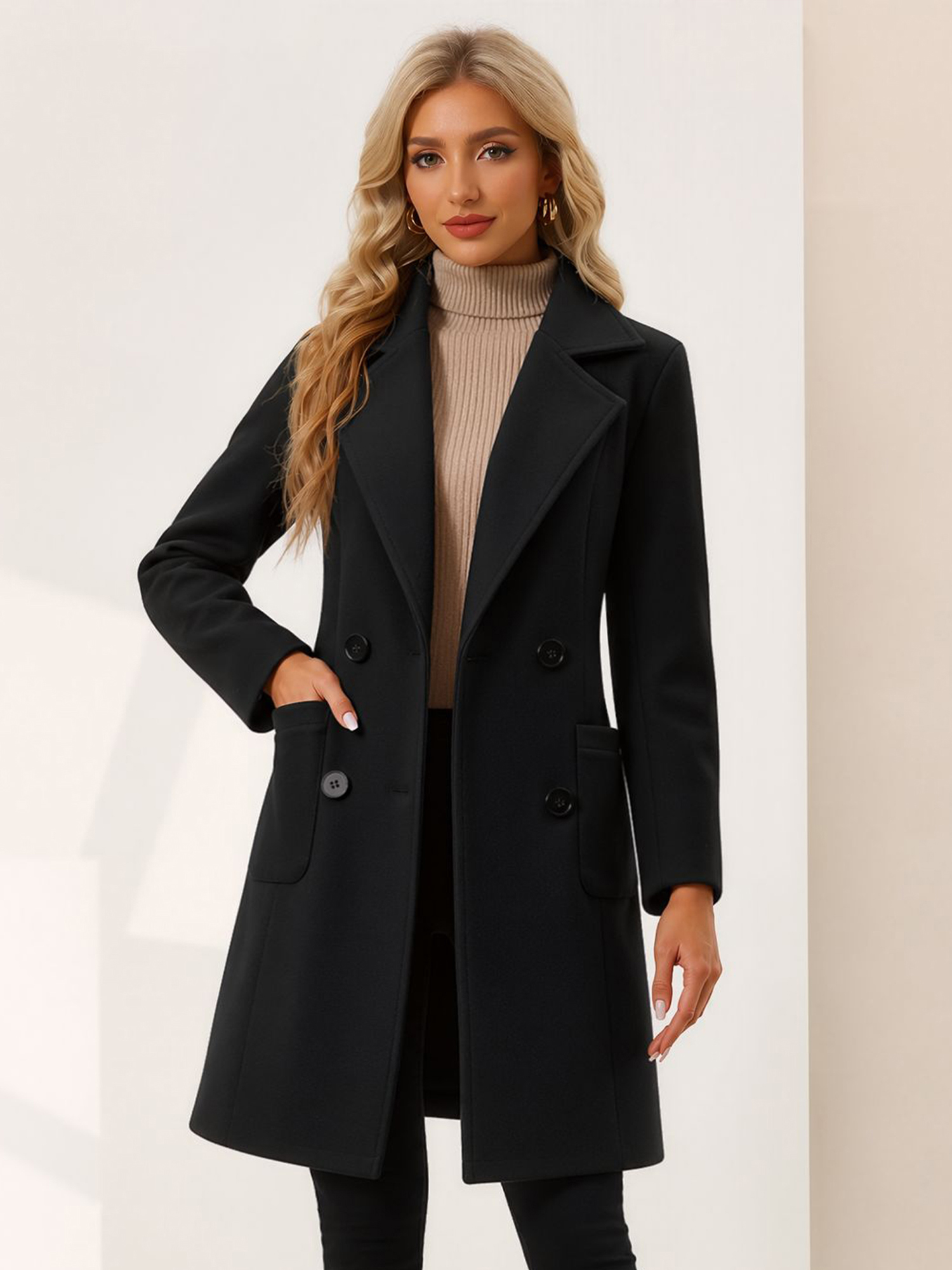 Notched Lapel Long Sleeves Mid Length Pea Coat Black/M