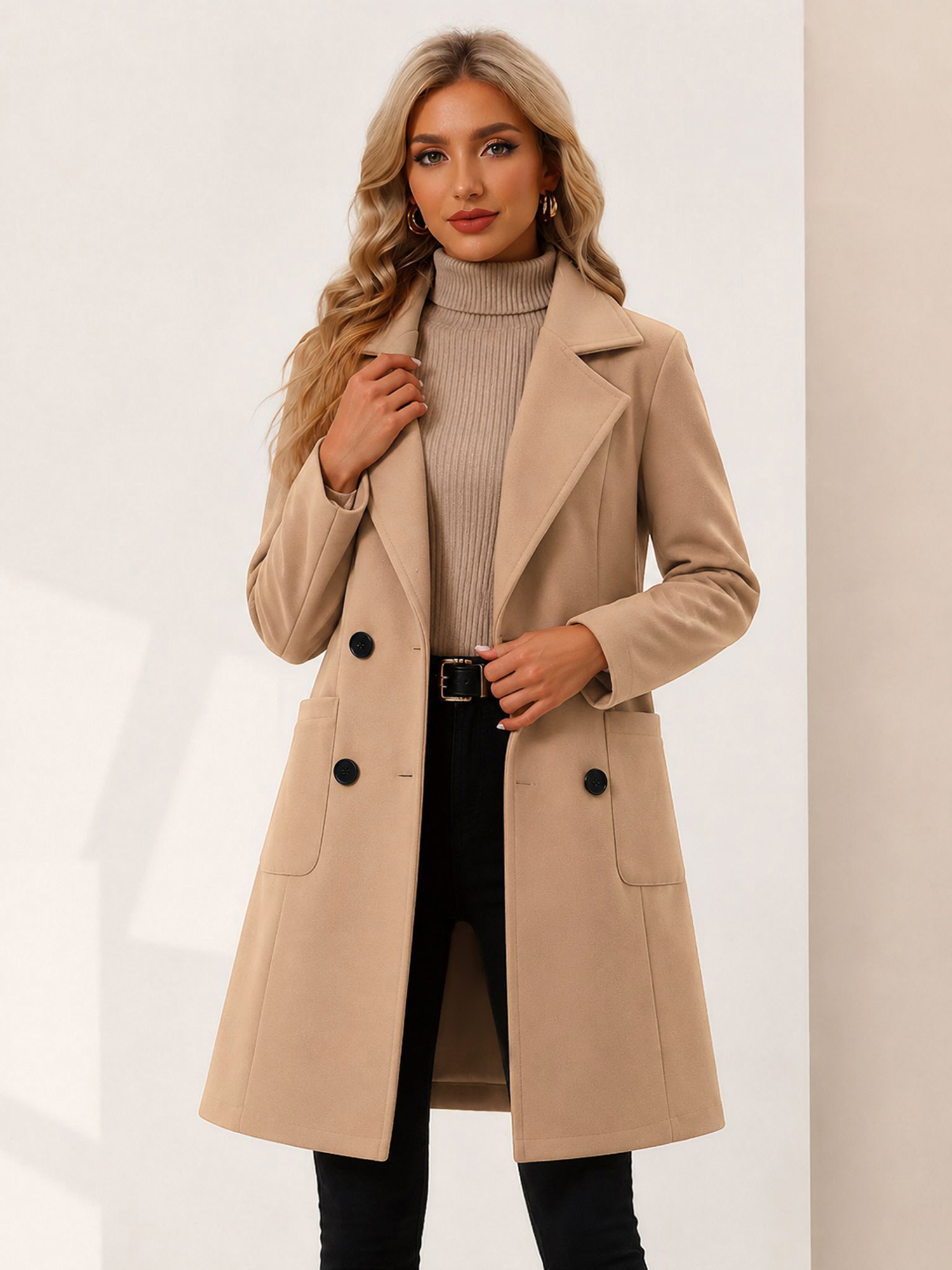 Notched Lapel Long Sleeves Mid Length Pea Coat Camel/S