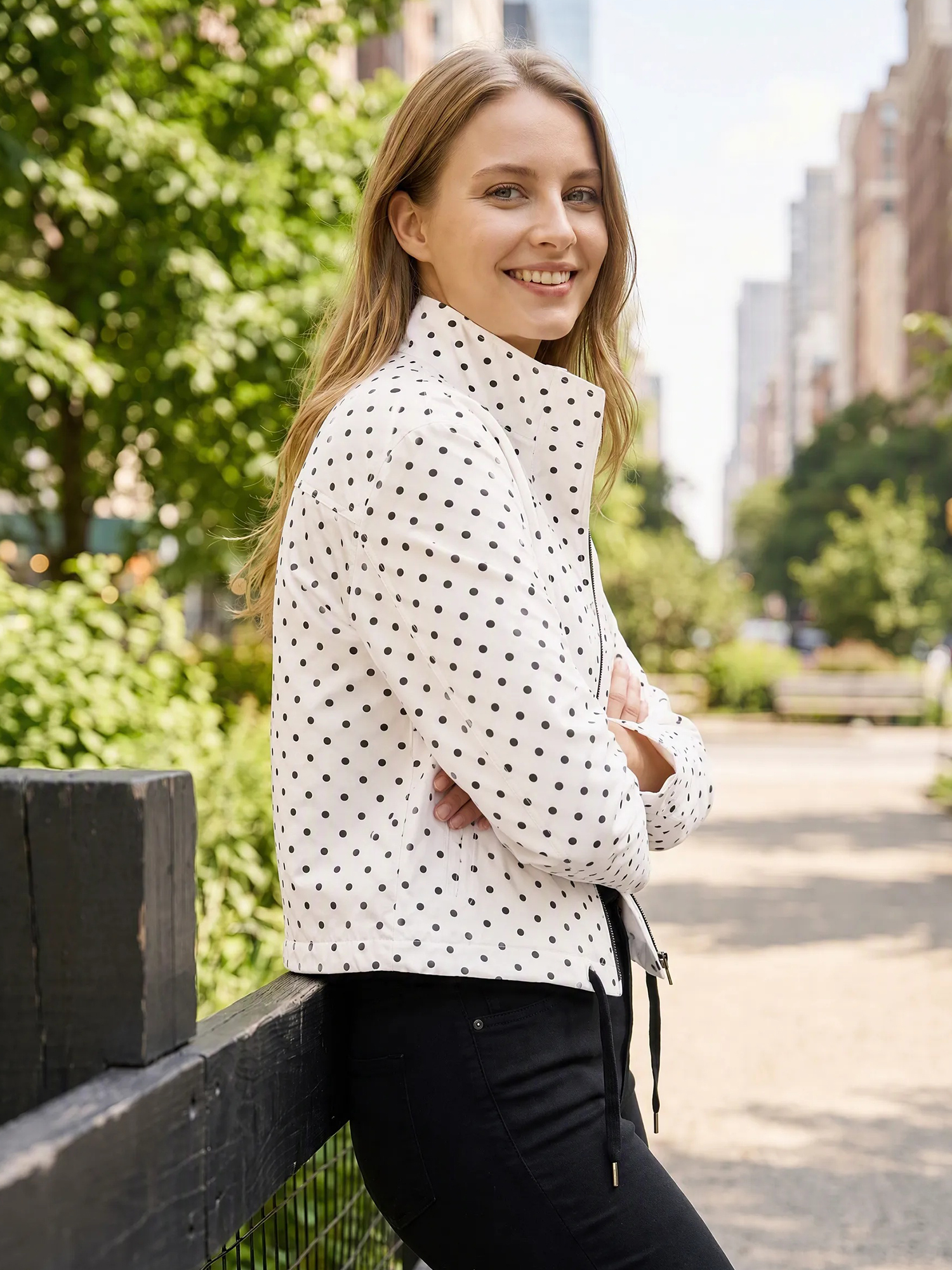 Polka Dot Convertible Collar Cropped Bomber Jacket White/L