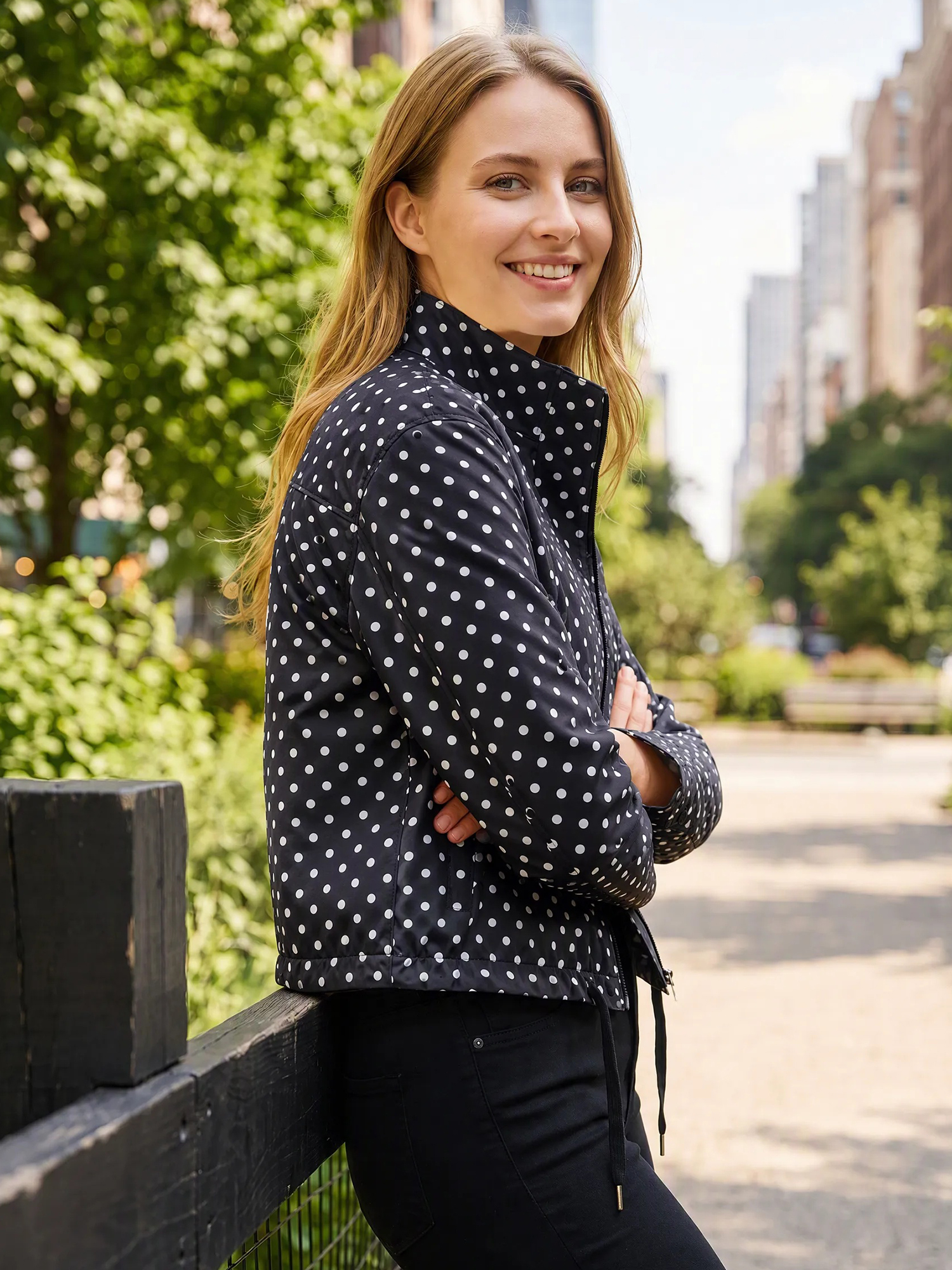 Polka Dot Convertible Collar Cropped Bomber Jacket Black/XL